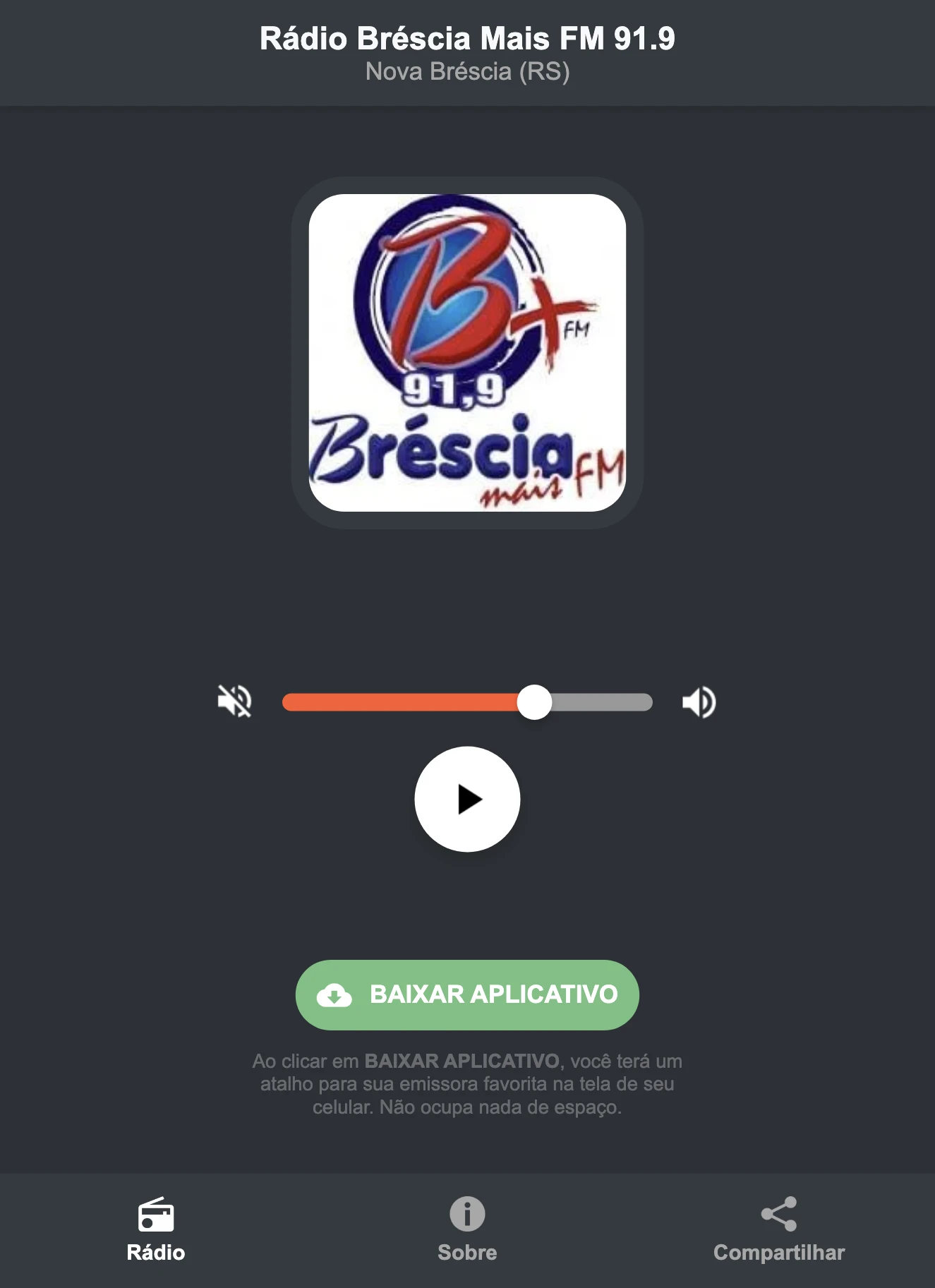Screenshot do aplicativo da Rádio Bréscia Mais FM 91.9
