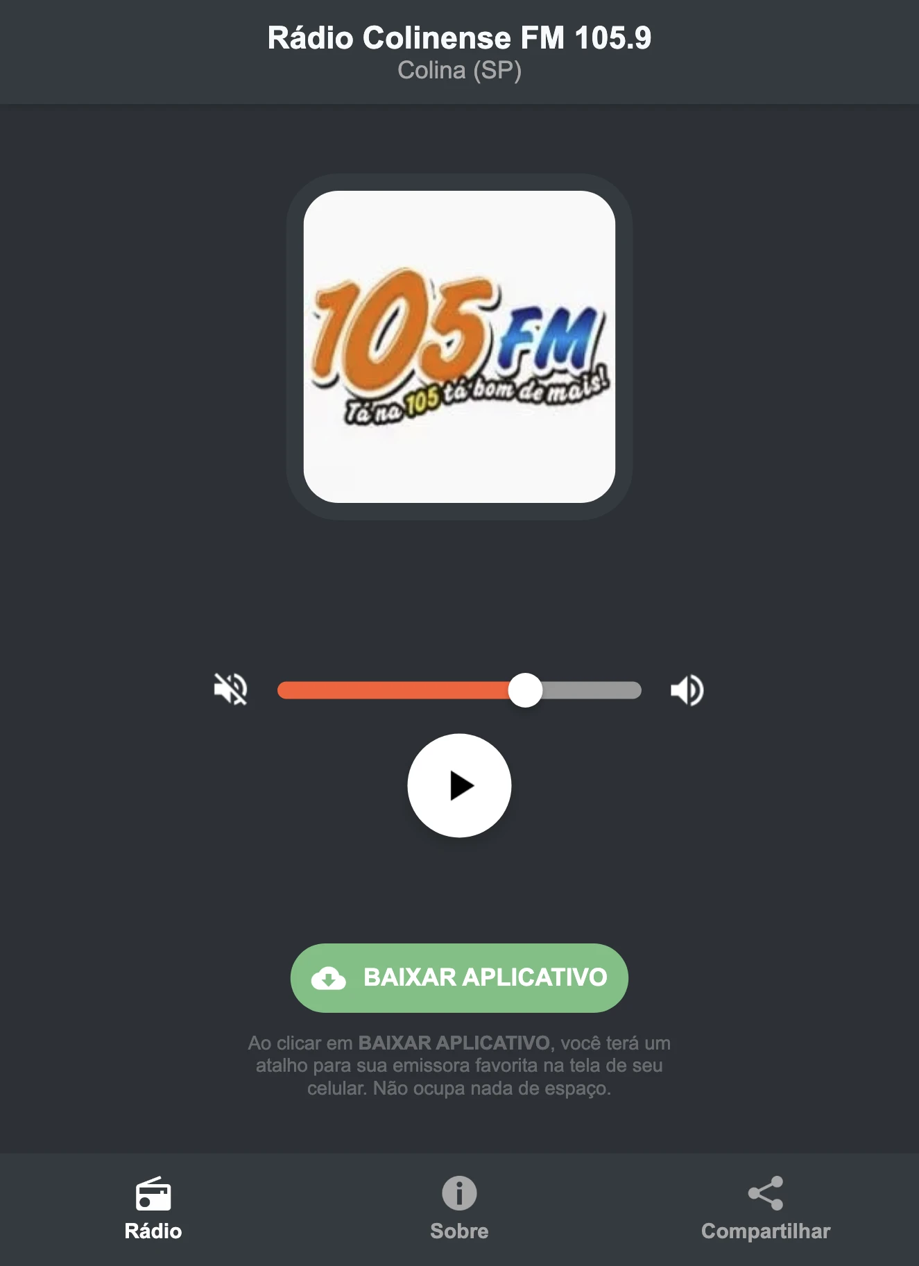 Screenshot do aplicativo da Rádio Colinense FM 105.9