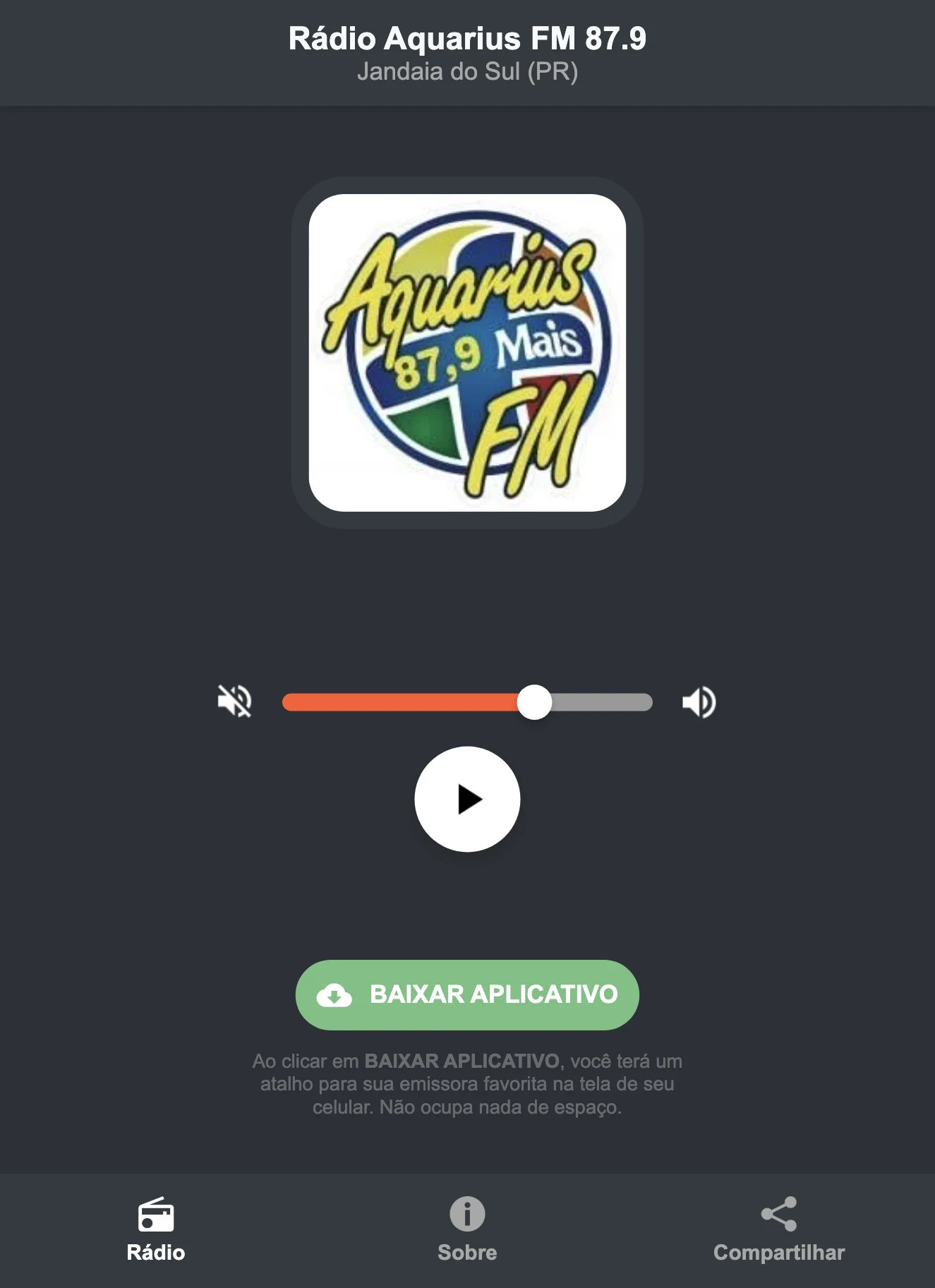 Screenshot do aplicativo da Rádio Aquarius FM 87.9