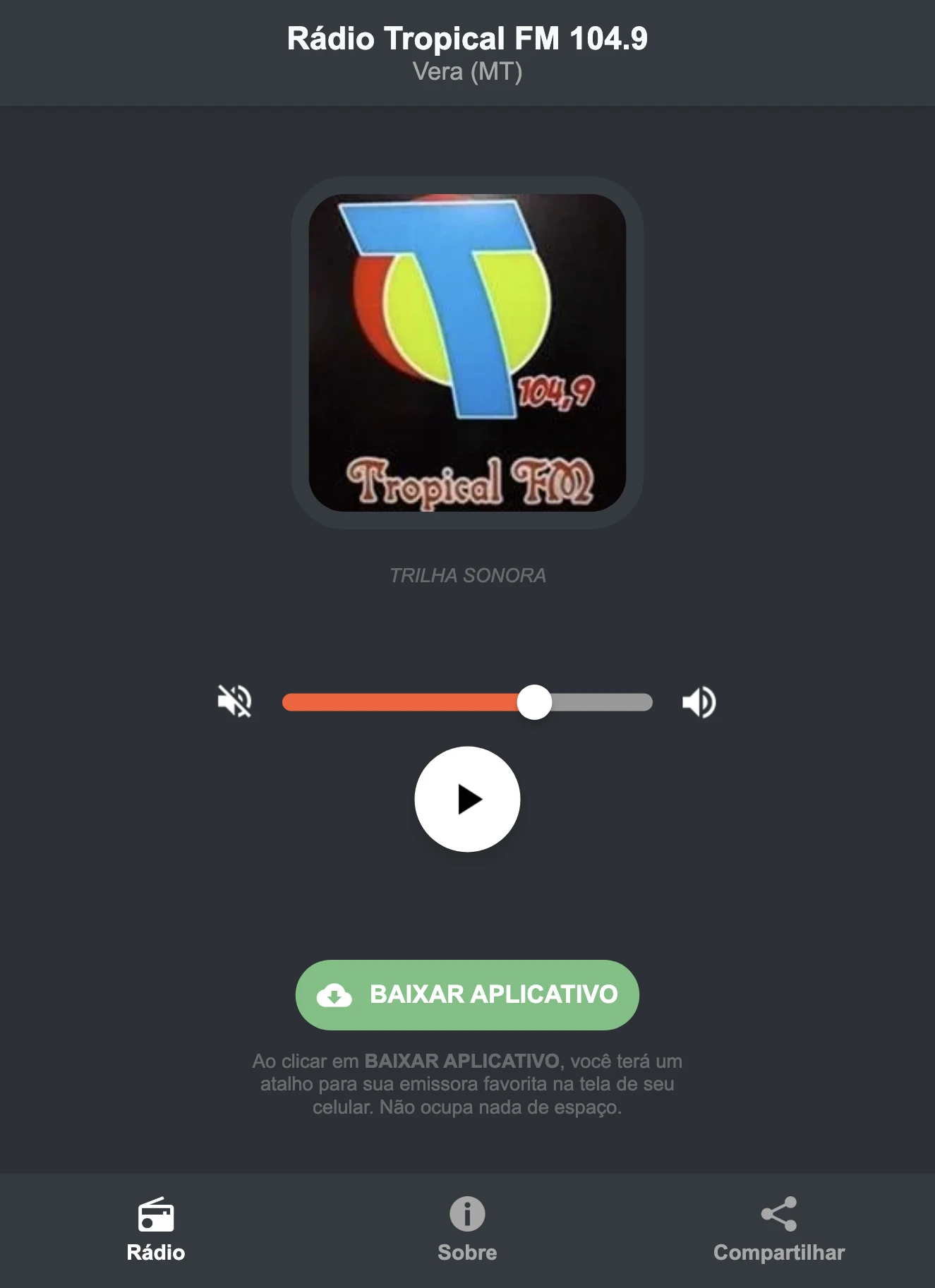 Screenshot do aplicativo da Rádio Tropical FM 104.9