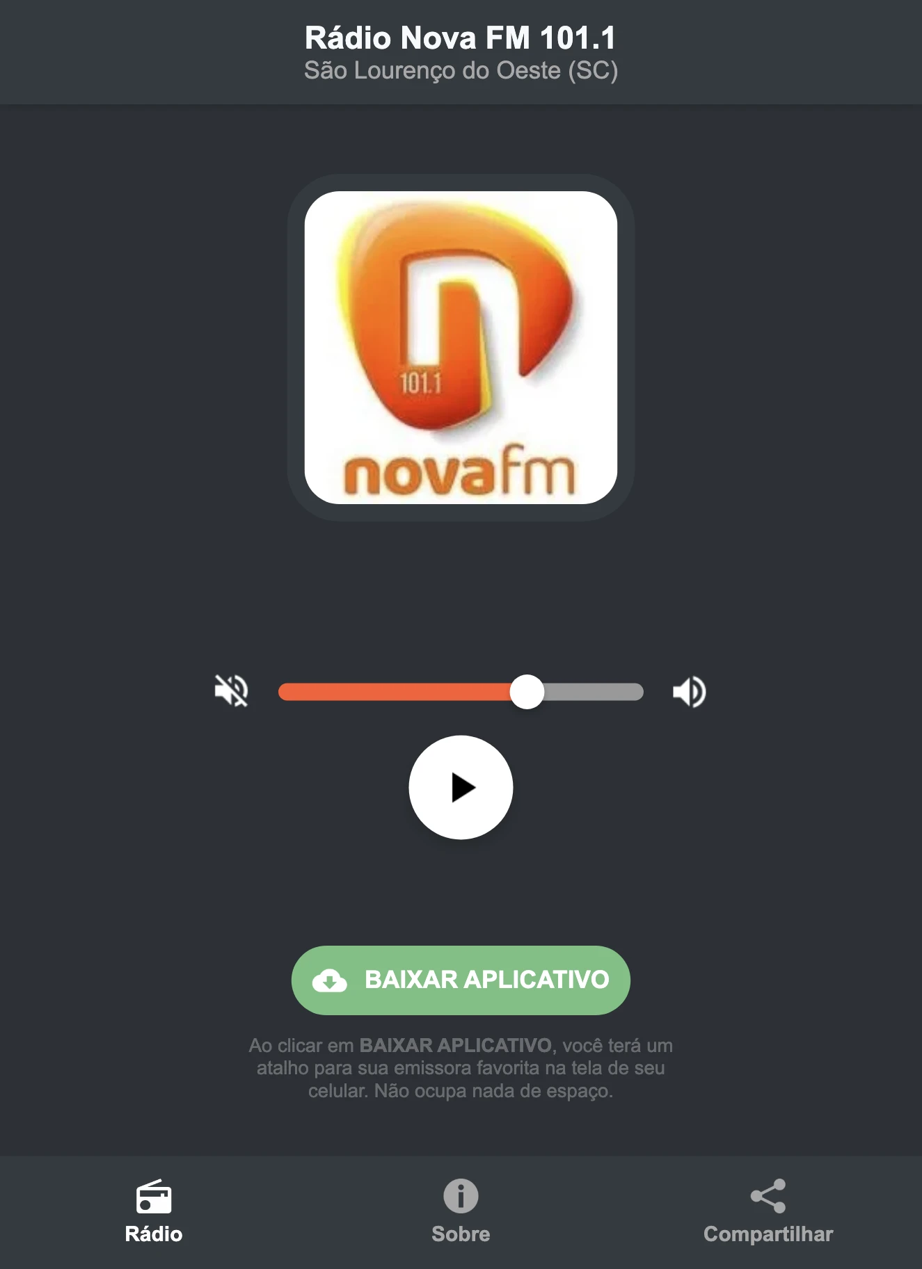 Screenshot do aplicativo da Rádio Nova FM 101.1