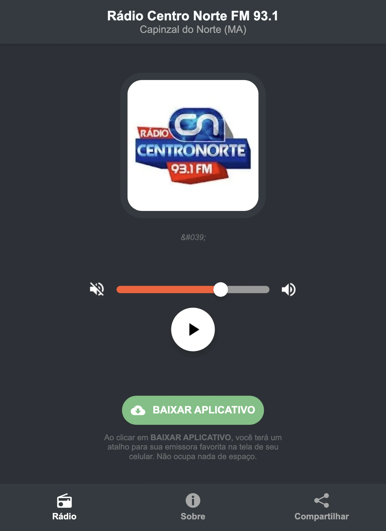 Screenshot do aplicativo da Rádio Centro Norte FM 93.1