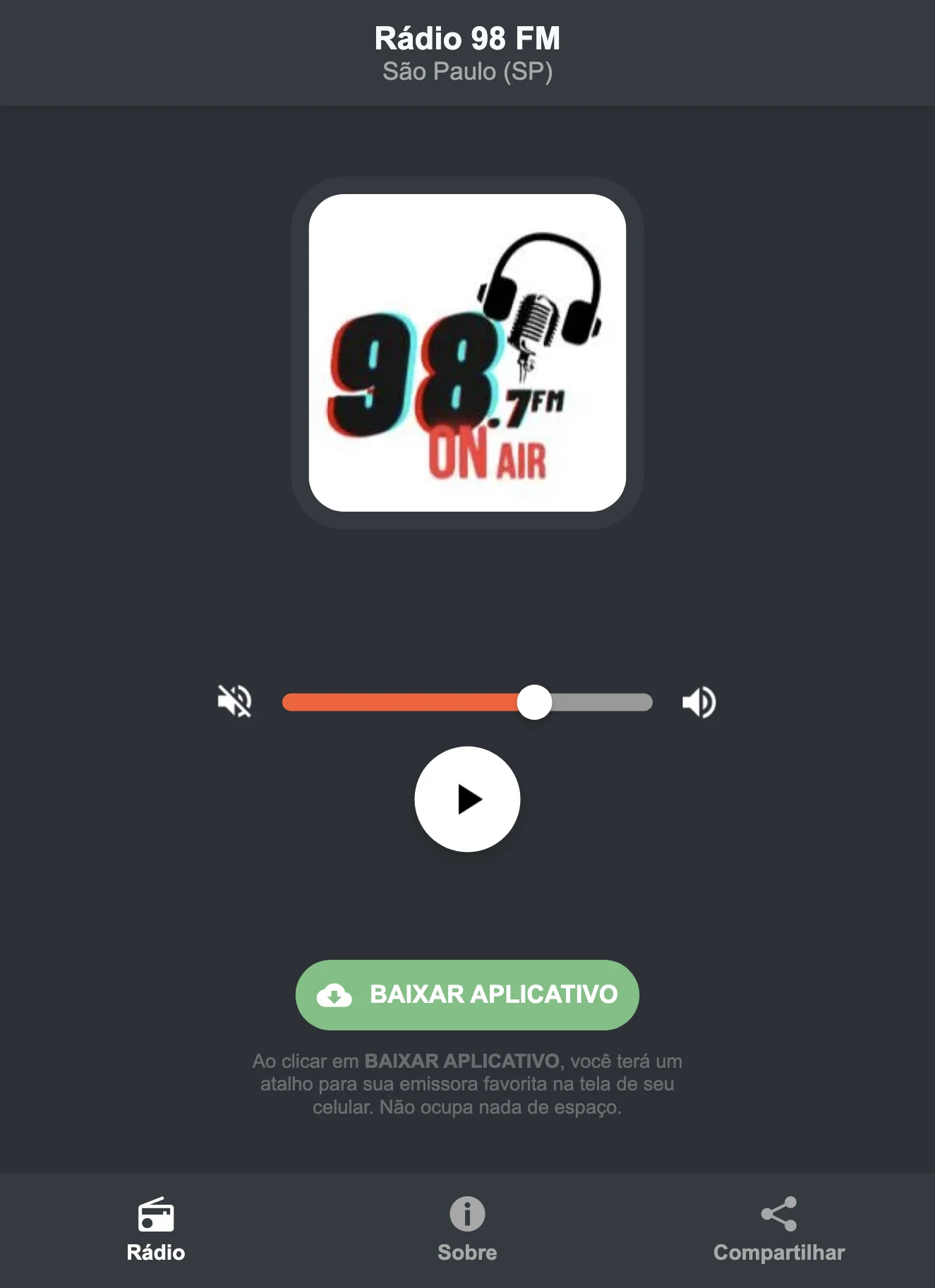 Screenshot do aplicativo da Rádio 98 FM