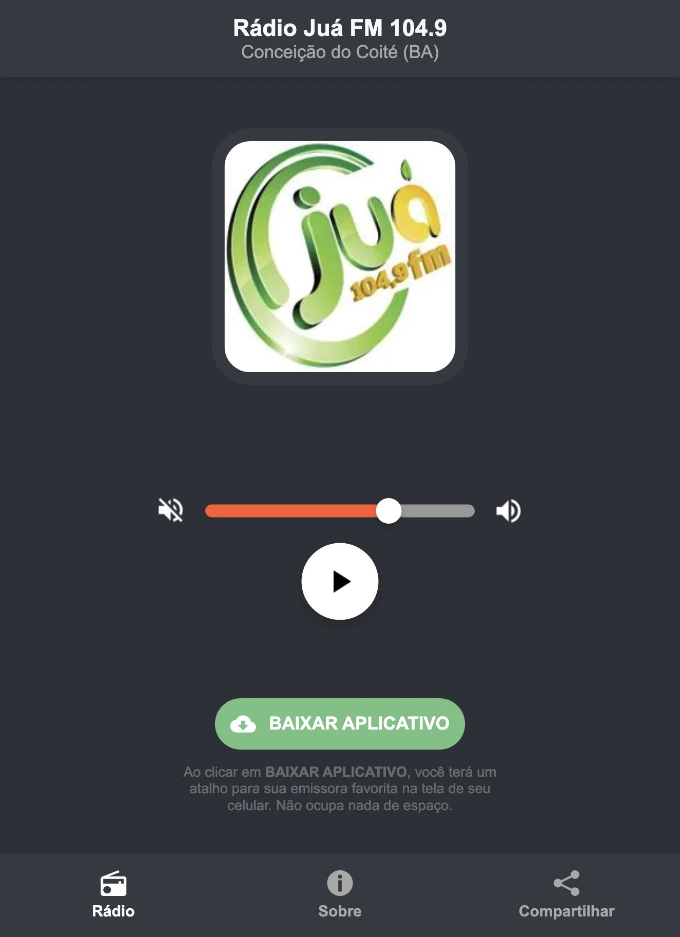 Screenshot do aplicativo da Rádio Juá FM 104.9