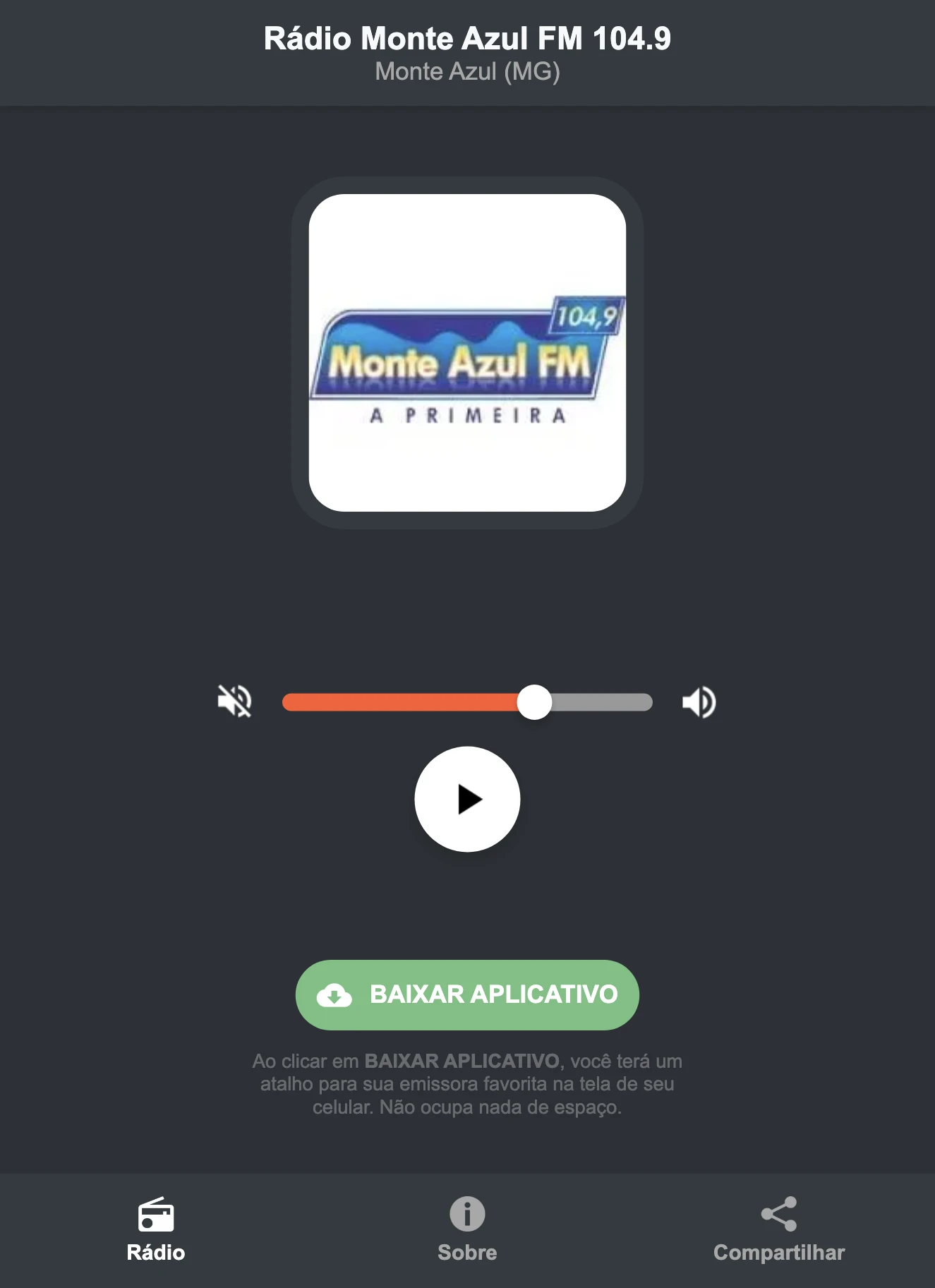 Screenshot do aplicativo da Rádio Monte Azul FM 104.9