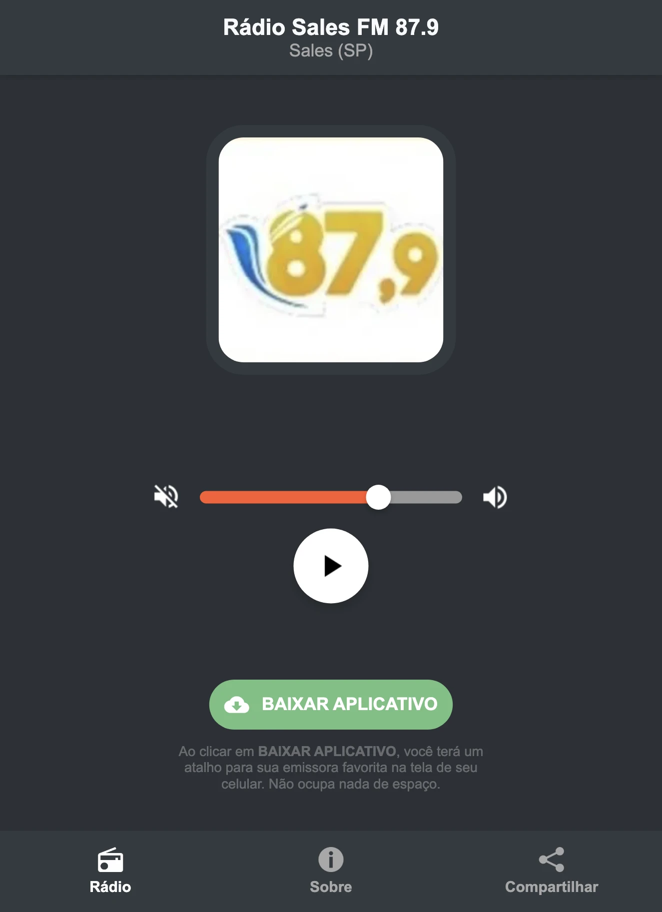 Screenshot do aplicativo da Rádio Sales FM 87.9