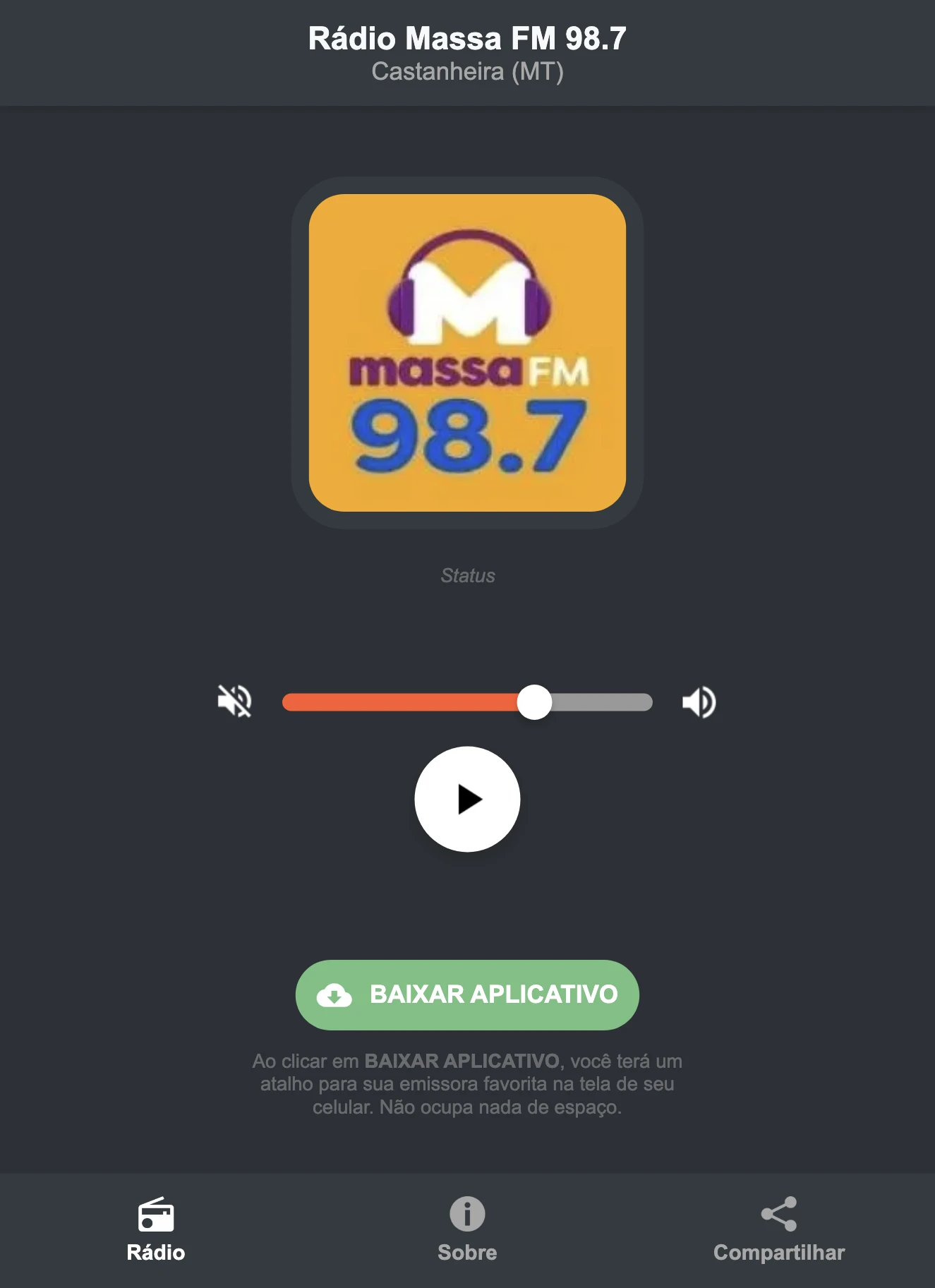 Screenshot do aplicativo da Rádio Massa FM 98.7