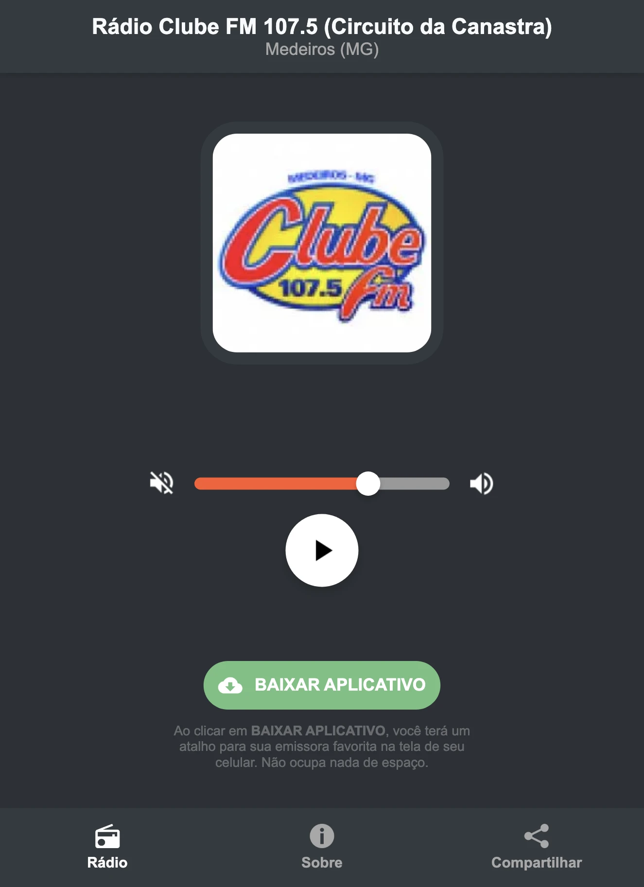 Screenshot do aplicativo da Rádio Clube FM 107.5 (Circuito da Canastra)
