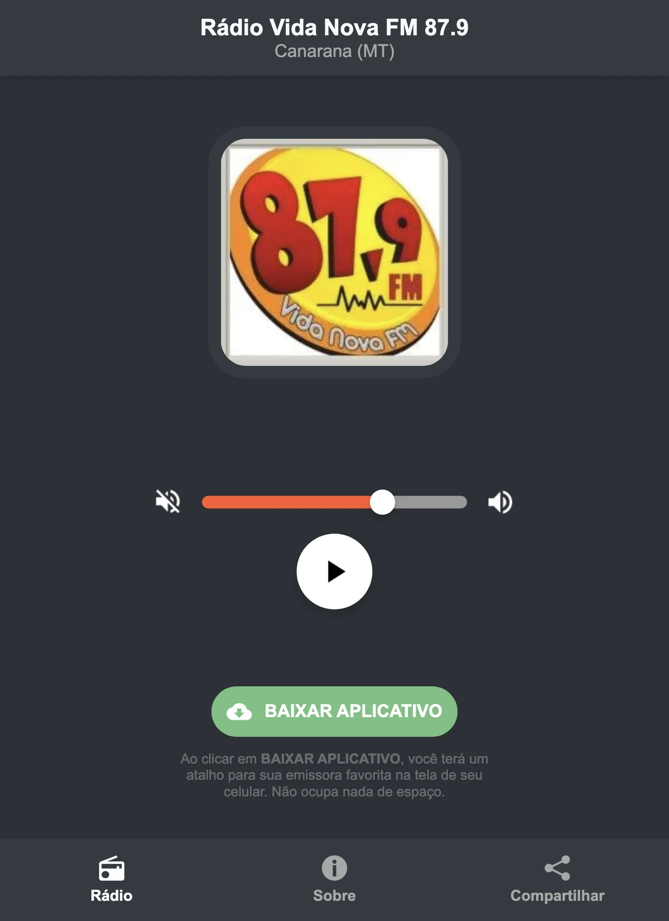 Screenshot do aplicativo da Rádio Vida Nova FM 87.9
