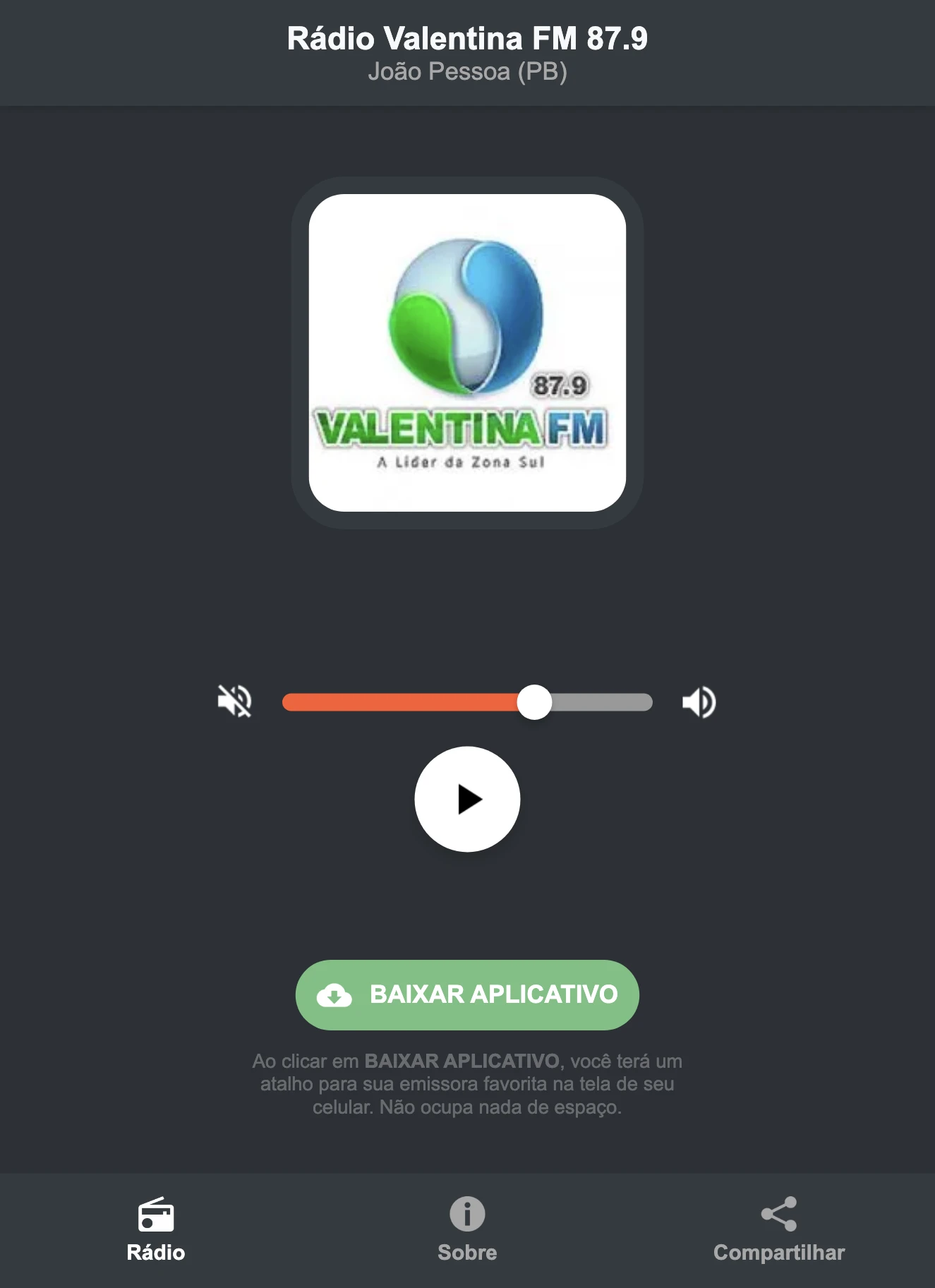 Screenshot do aplicativo da Rádio Valentina FM 87.9