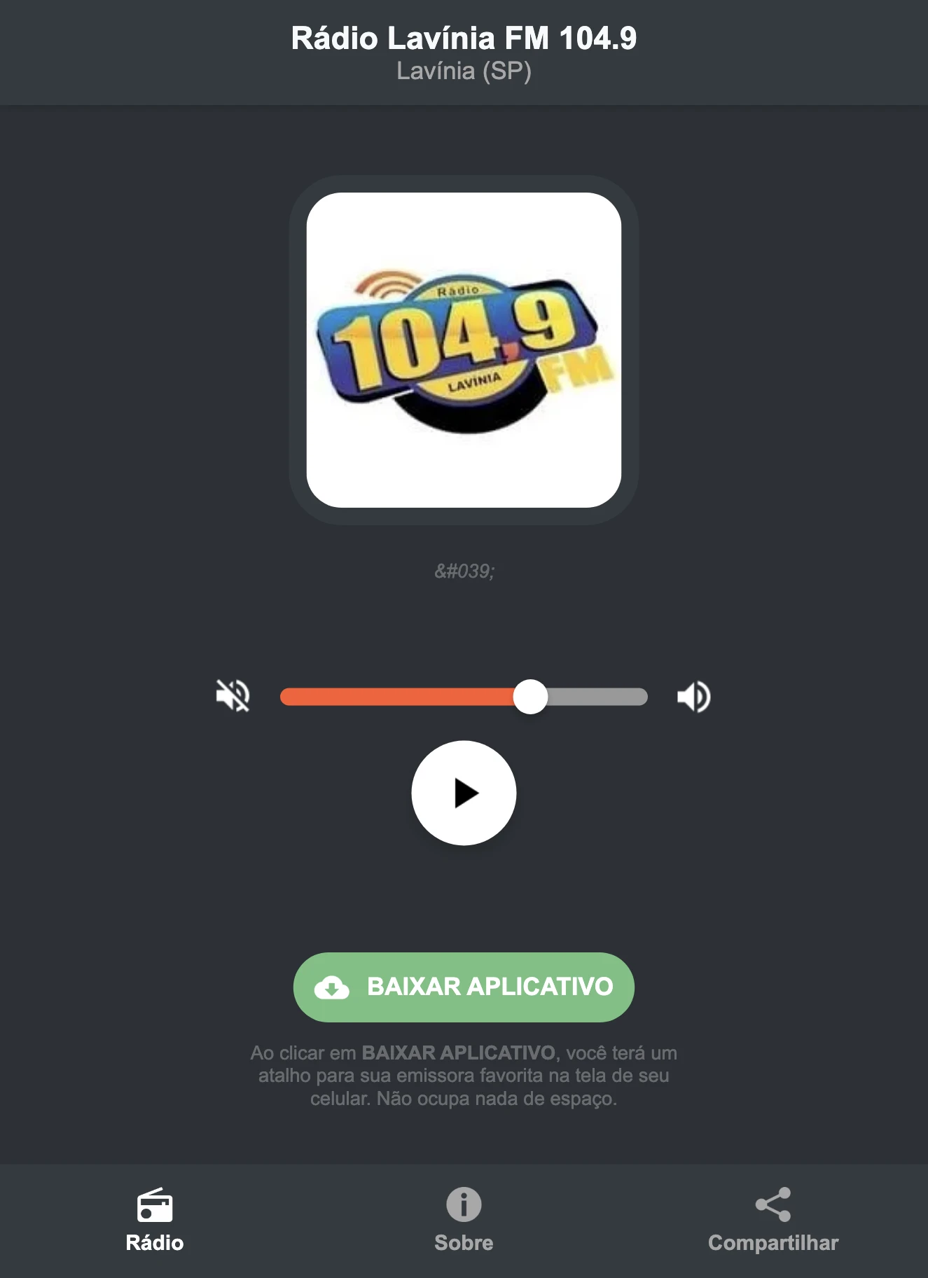 Screenshot do aplicativo da Rádio Lavínia FM 104.9