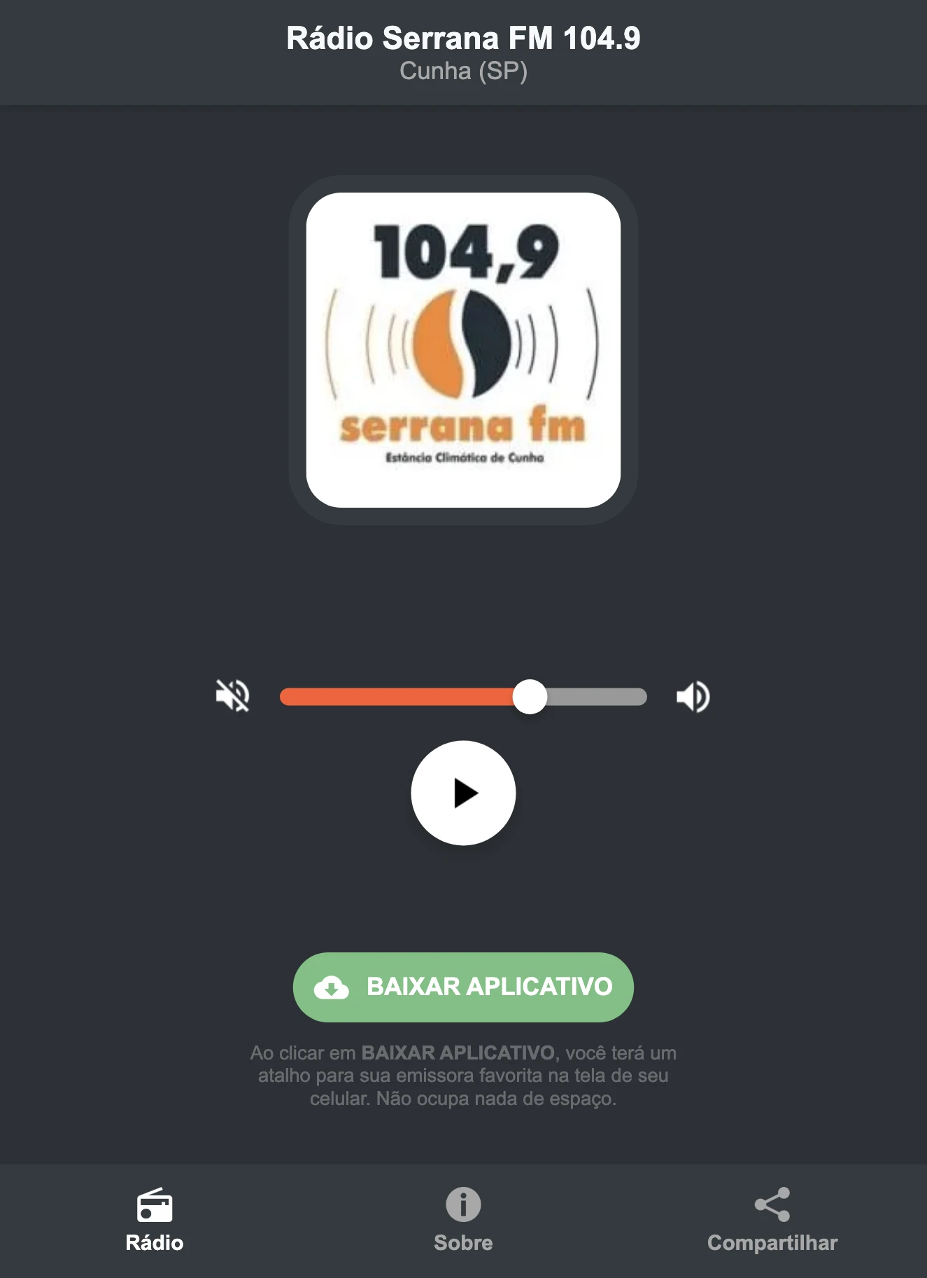 Screenshot do aplicativo da Rádio Serrana FM 104.9