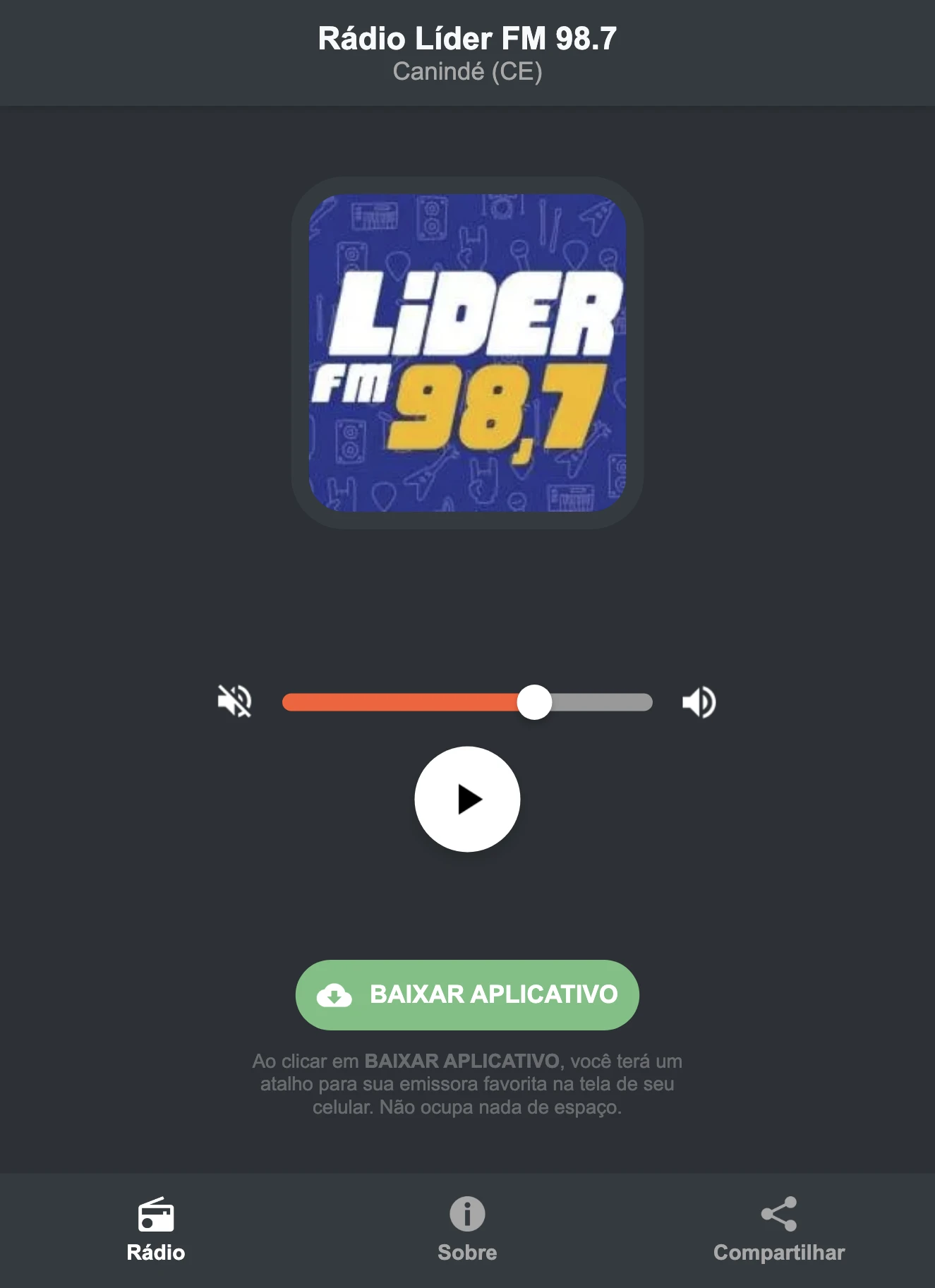 Screenshot do aplicativo da Rádio Líder FM 98.7