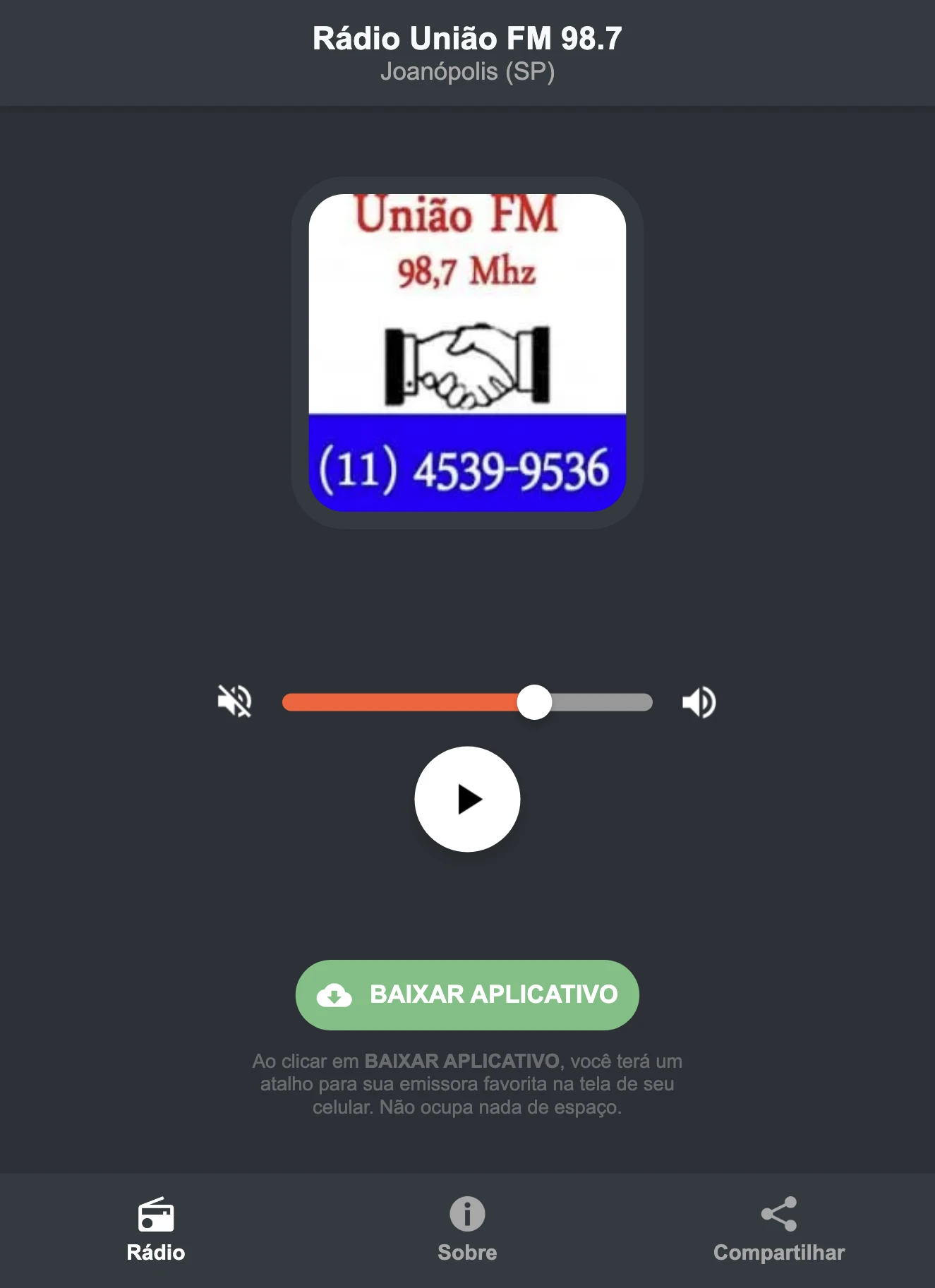Screenshot do aplicativo da Rádio União FM 98.7