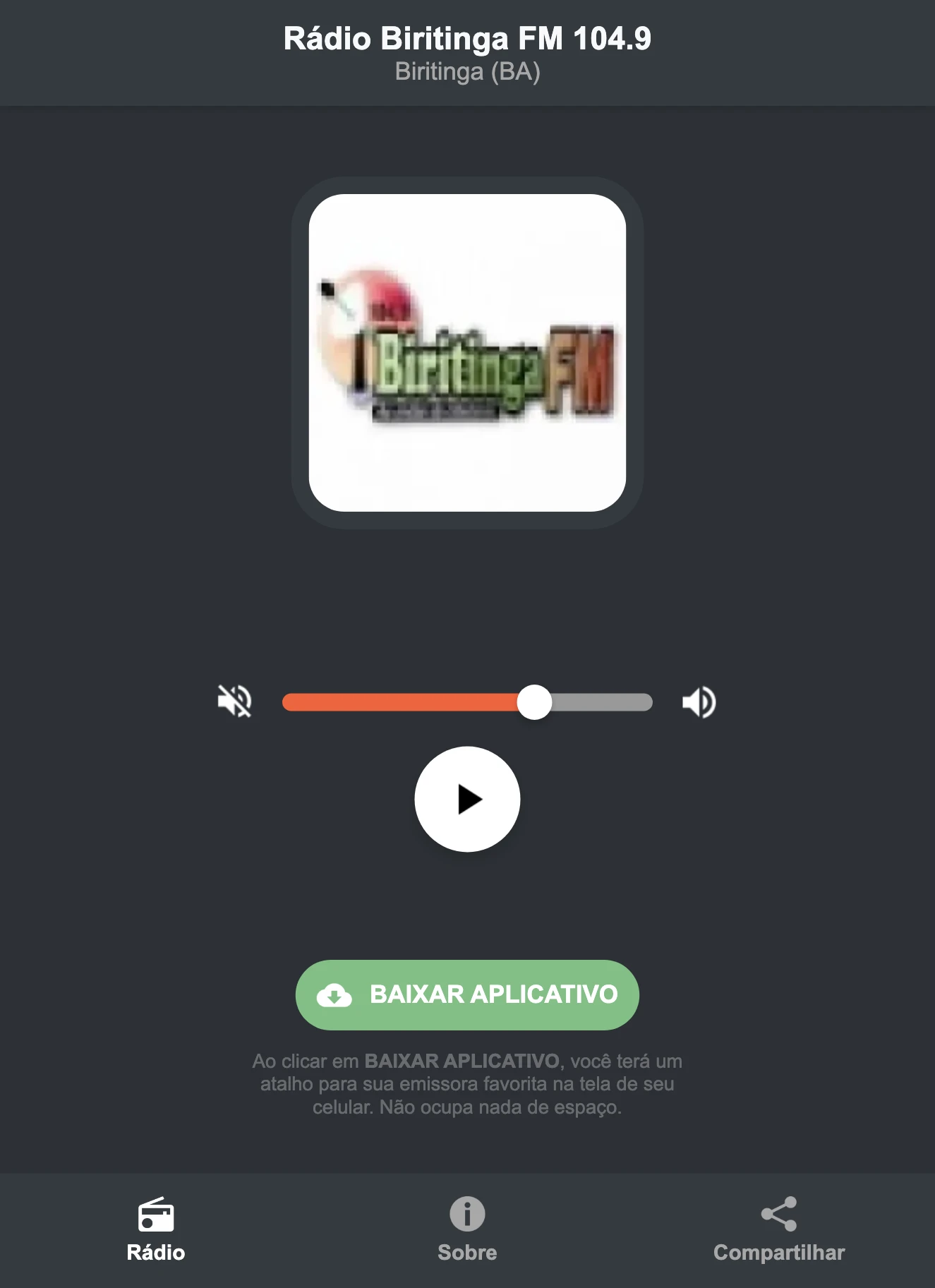Screenshot do aplicativo da Rádio Biritinga FM 104.9