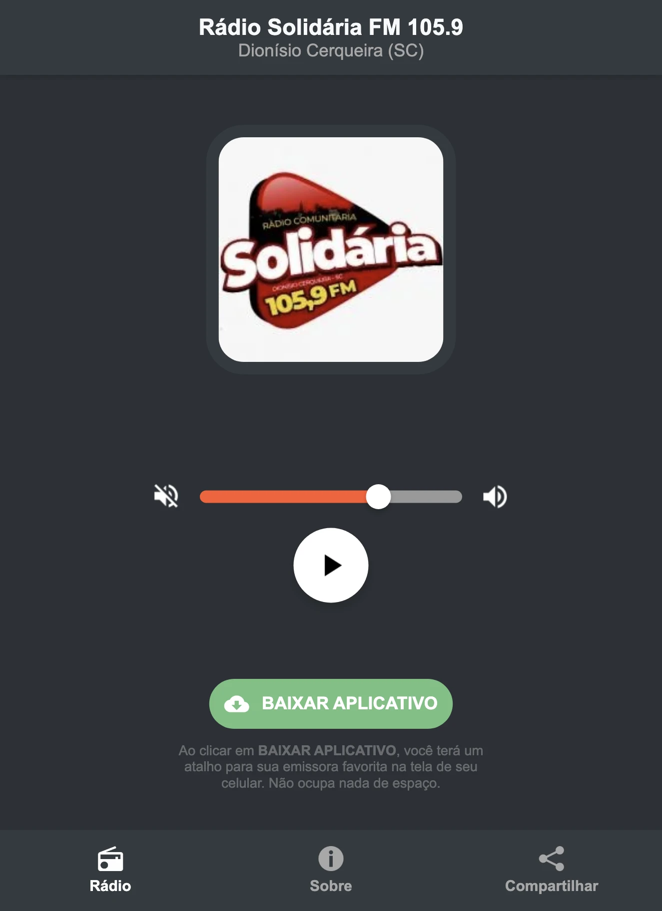 Screenshot do aplicativo da Rádio Solidária FM 105.9