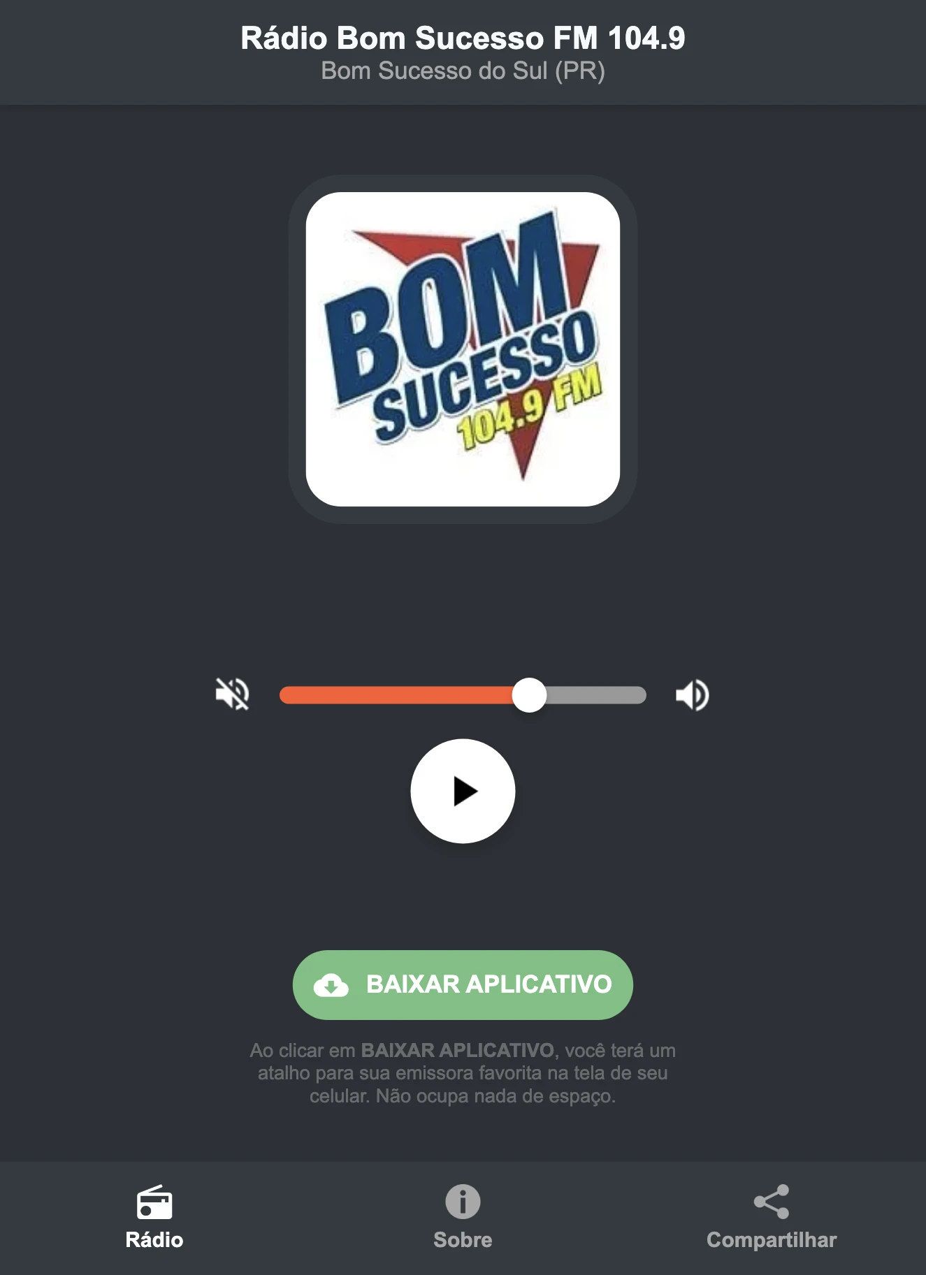 Screenshot do aplicativo da Rádio Bom Sucesso FM 104.9