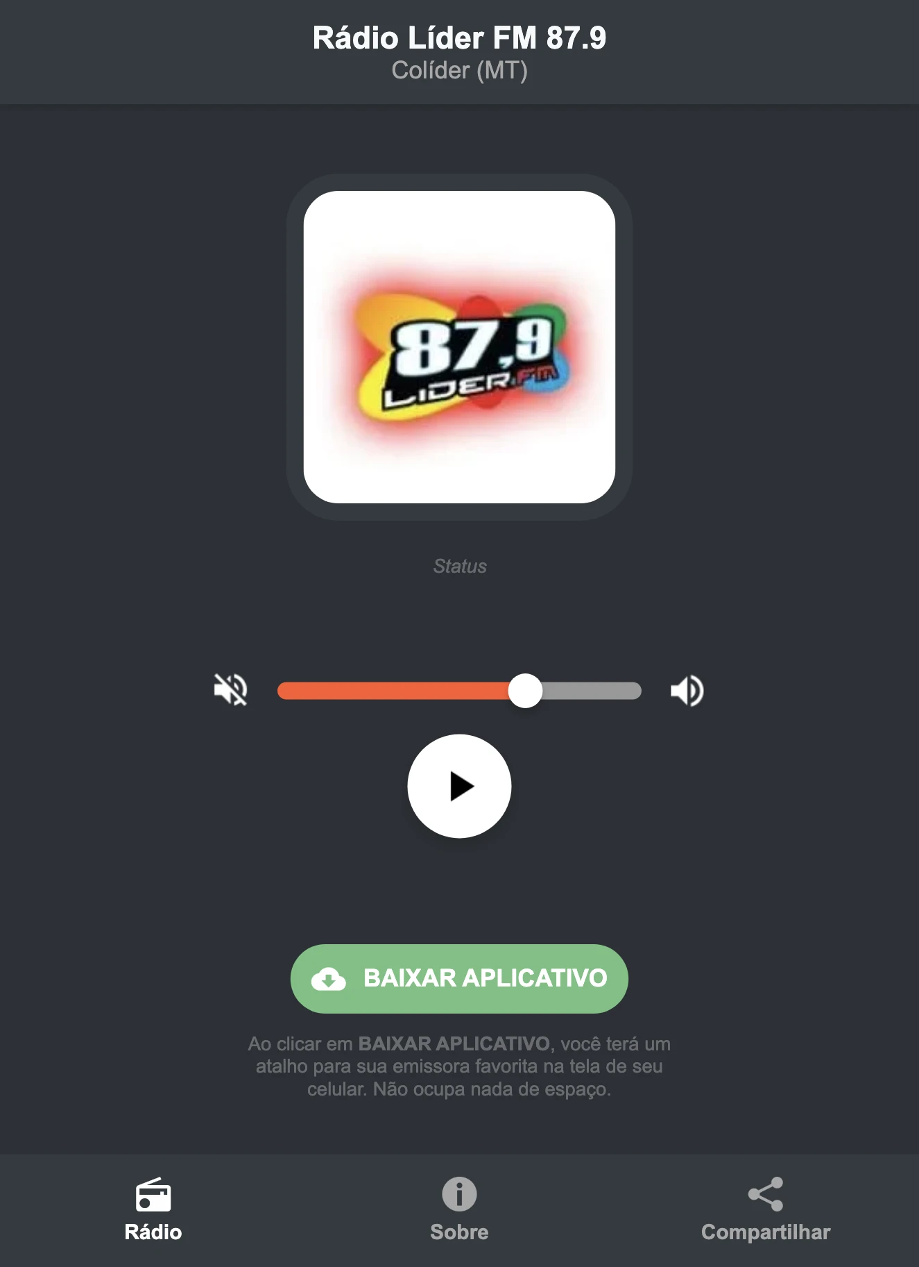 Screenshot do aplicativo da Rádio Líder FM 87.9