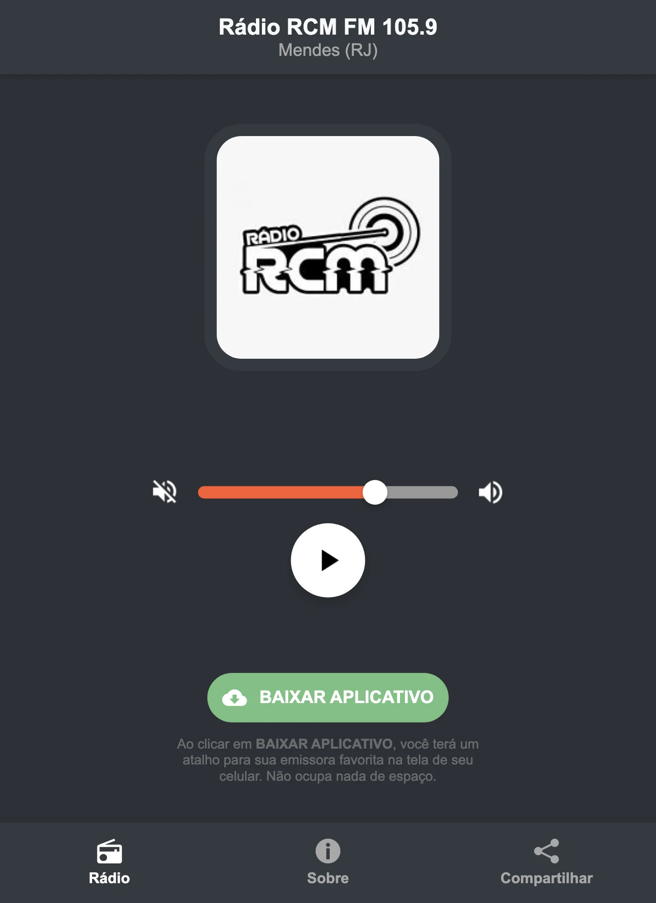 Screenshot do aplicativo da Rádio RCM FM 105.9