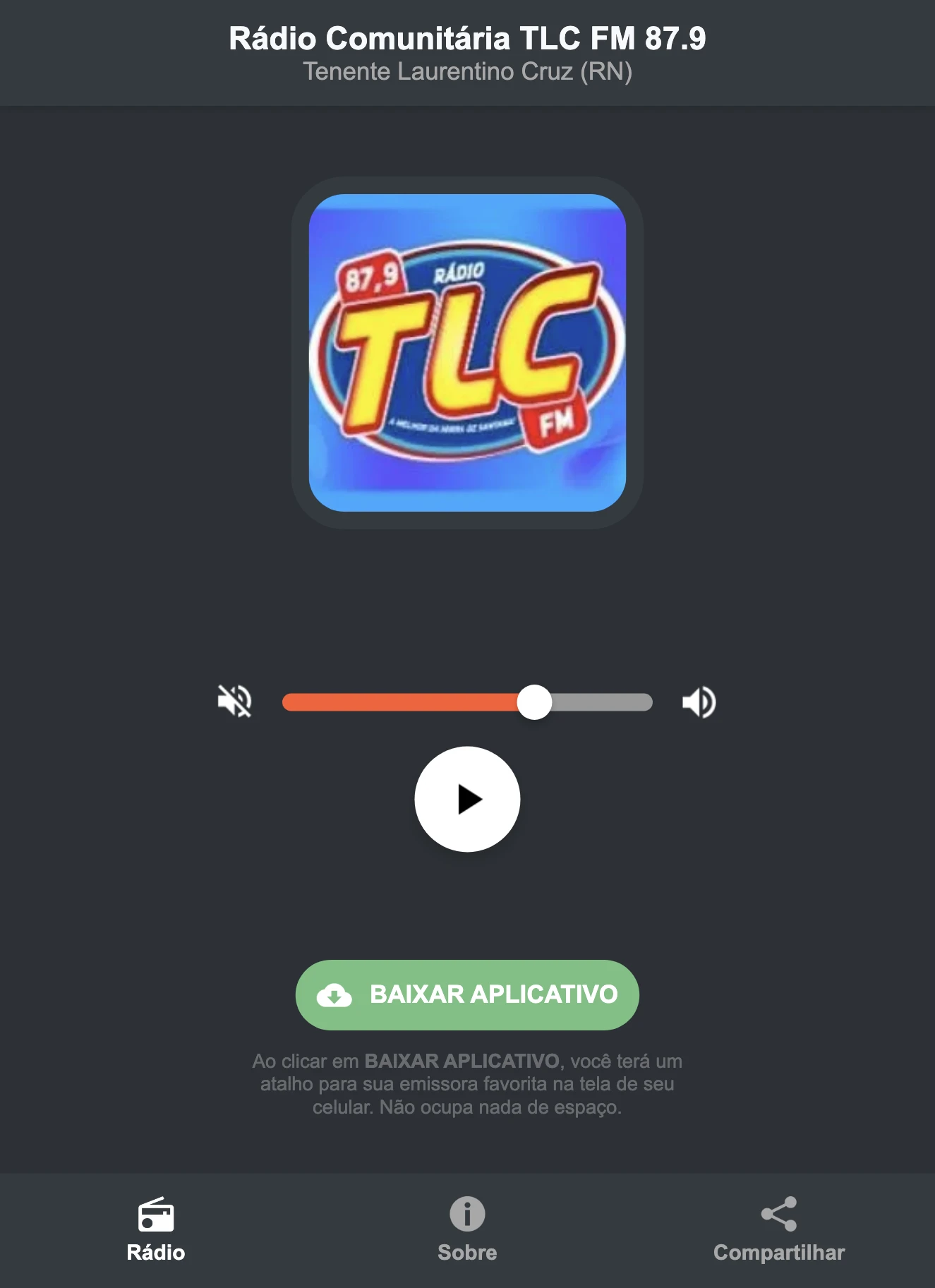 Screenshot do aplicativo da Rádio Comunitária TLC FM 87.9
