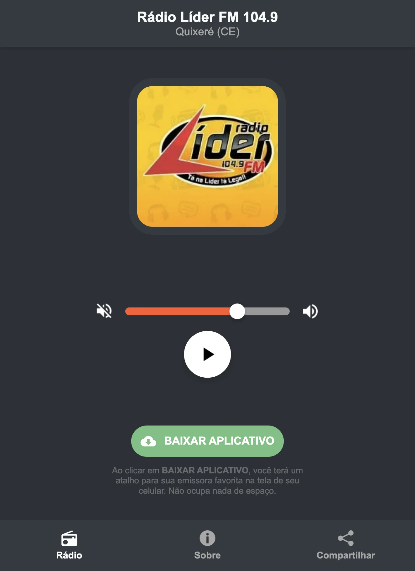 Screenshot do aplicativo da Rádio Líder FM 104.9