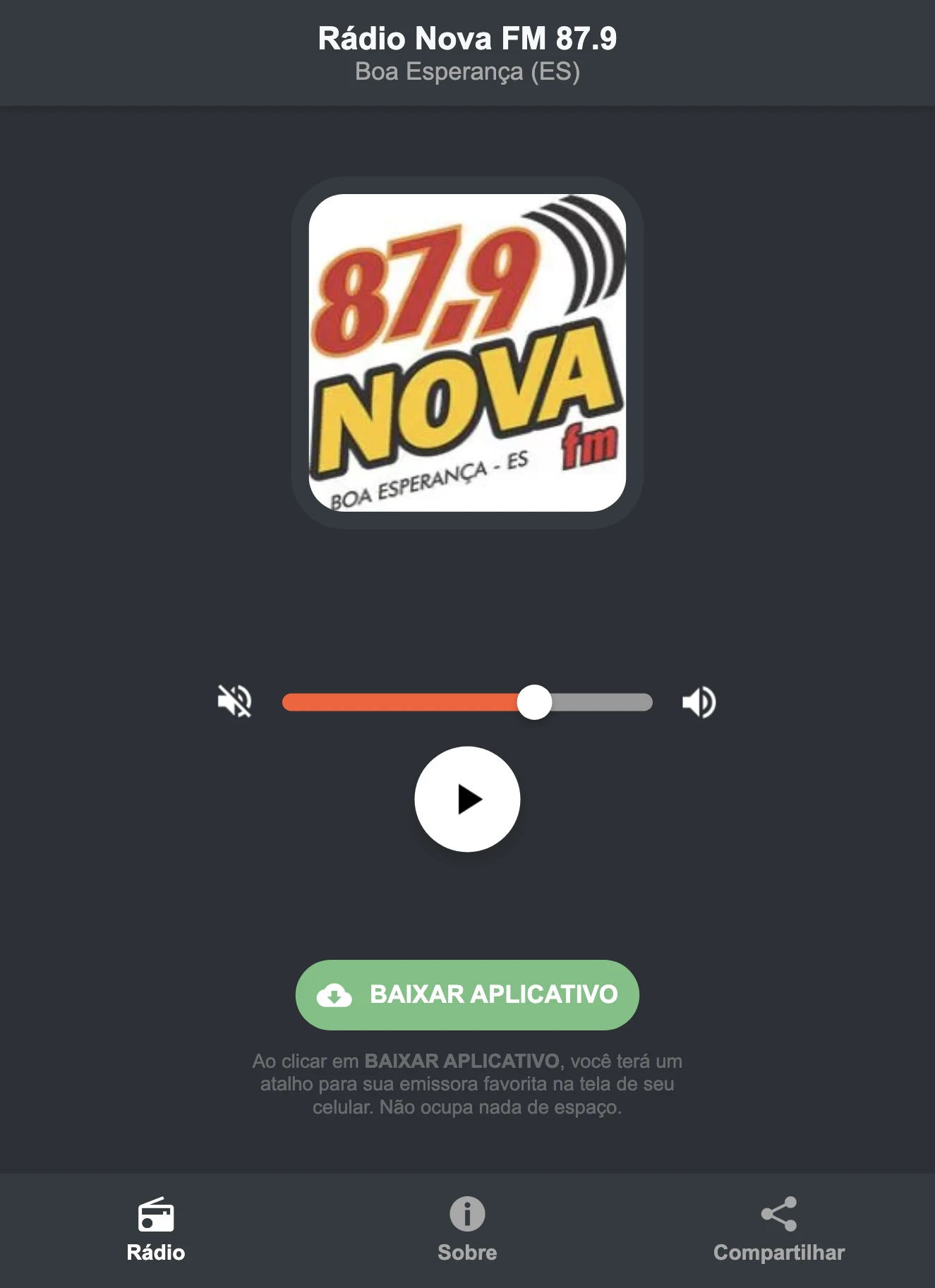 Screenshot do aplicativo da Rádio Nova FM 87.9