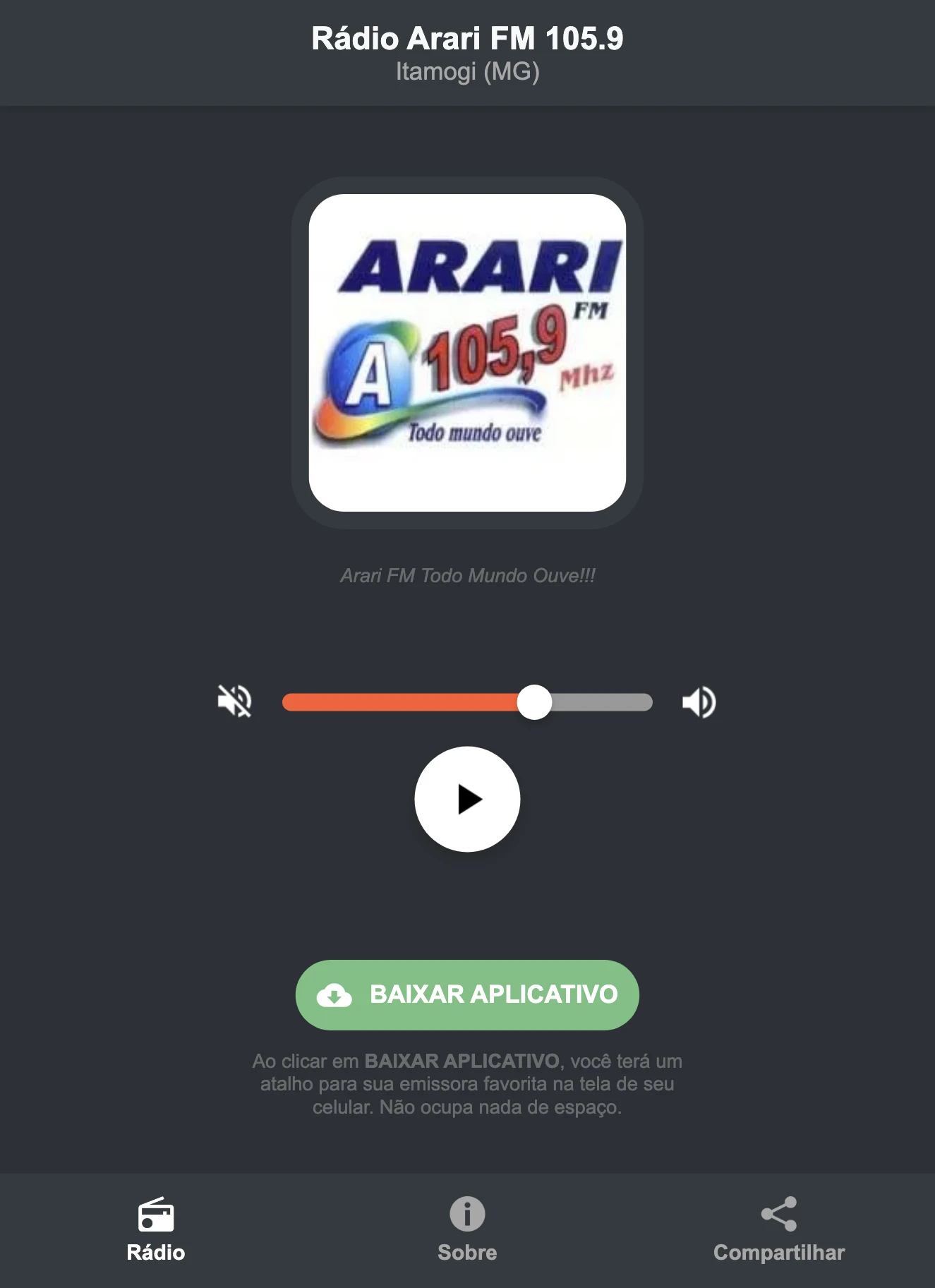 Screenshot do aplicativo da Rádio Arari FM 105.9