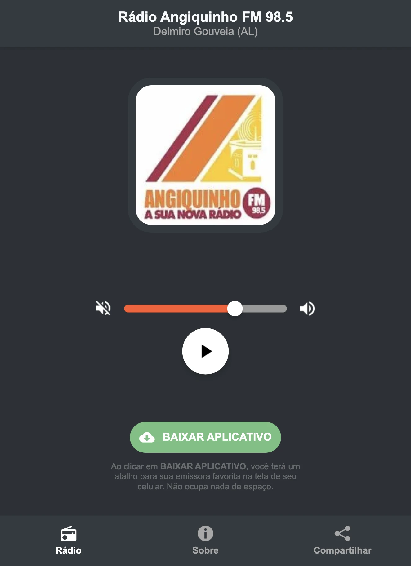 Screenshot do aplicativo da Rádio Angiquinho FM 98.5
