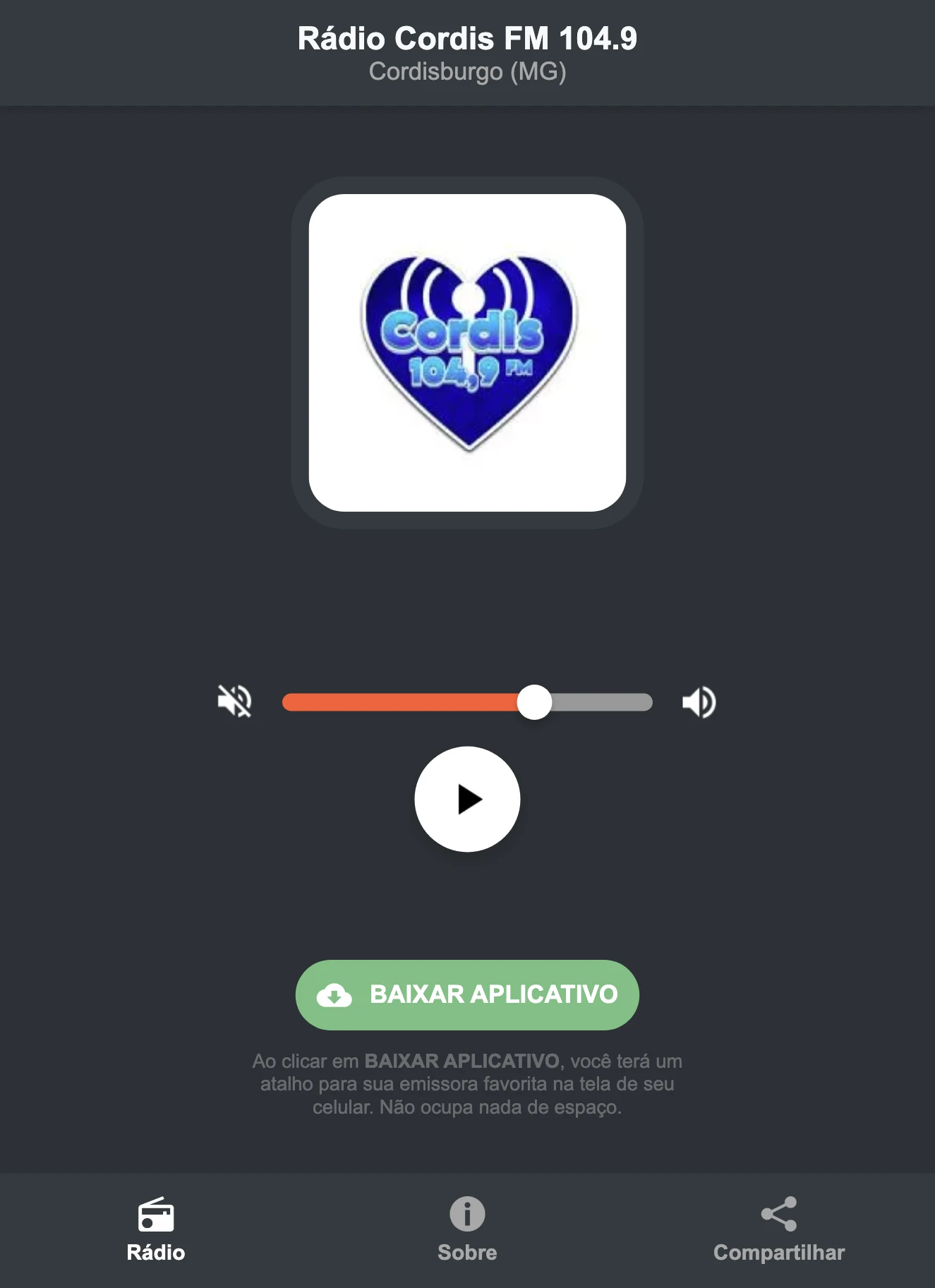 Screenshot do aplicativo da Rádio Cordis FM 104.9