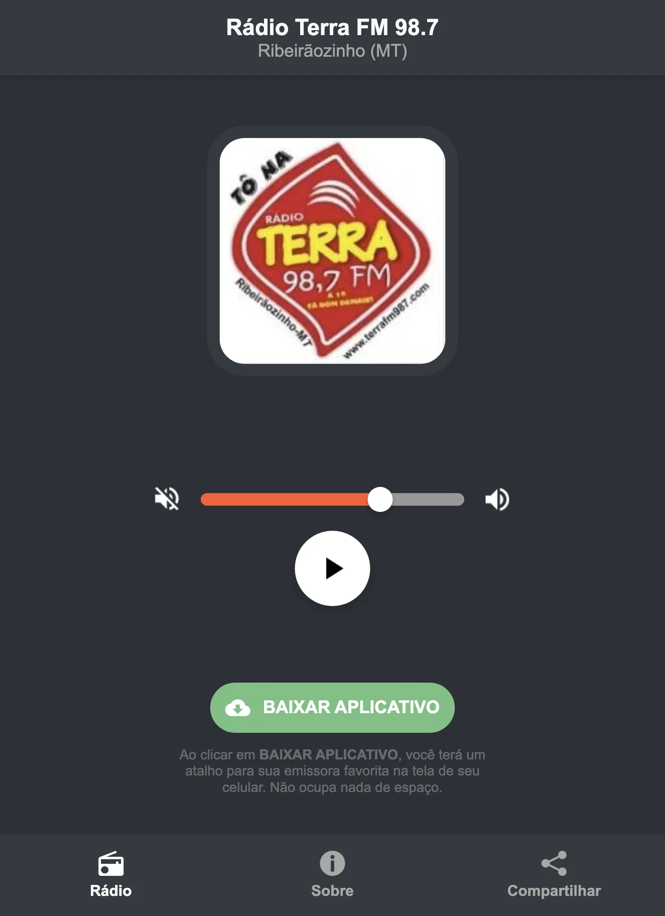 Screenshot do aplicativo da Rádio Terra FM 98.7