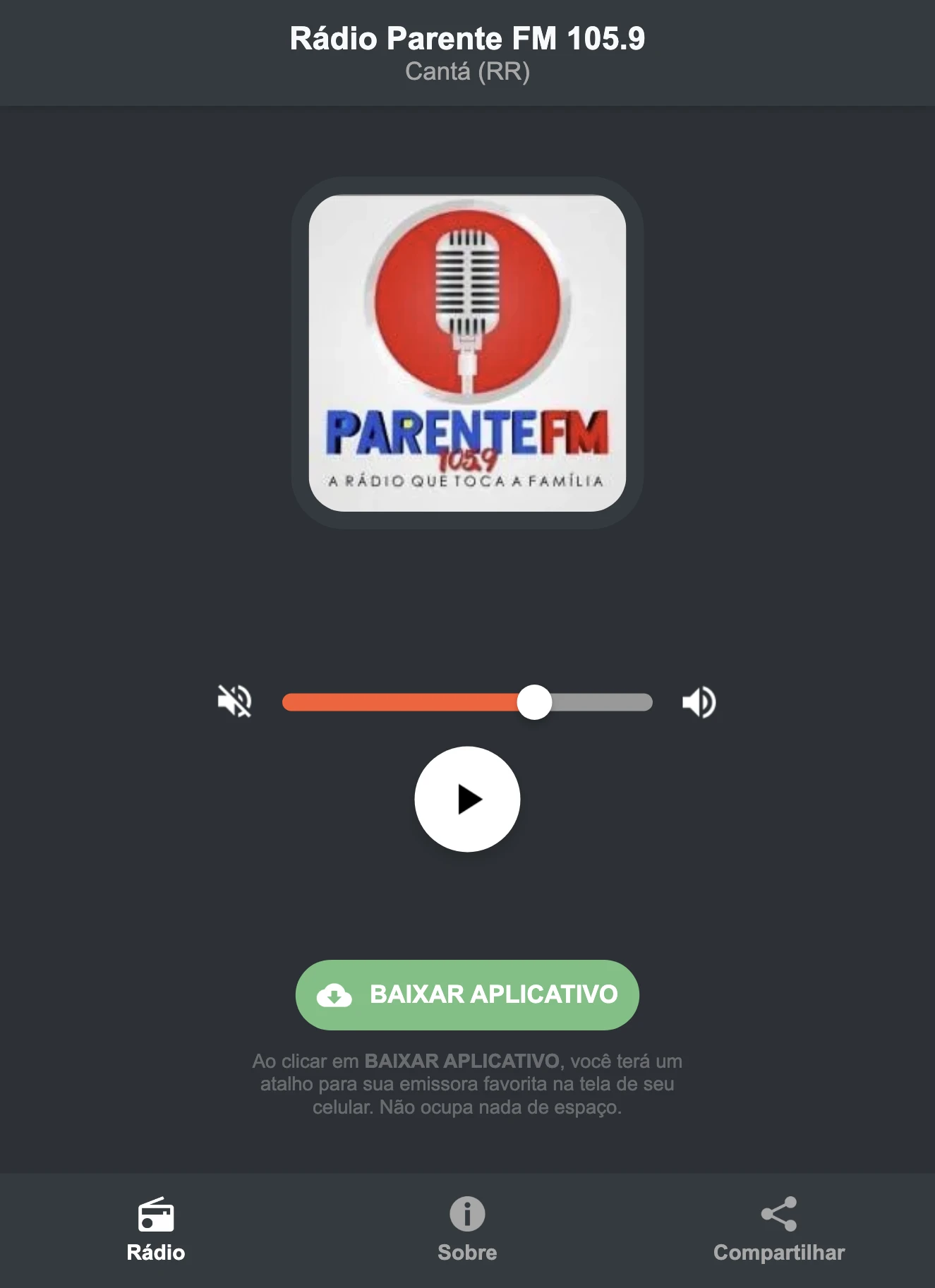 Screenshot do aplicativo da Rádio Parente FM 105.9