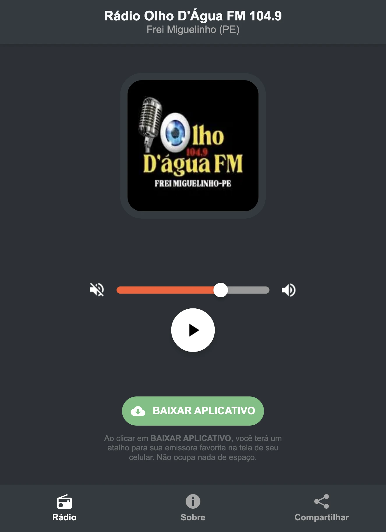 Screenshot do aplicativo da Rádio Olho D'Água FM 104.9