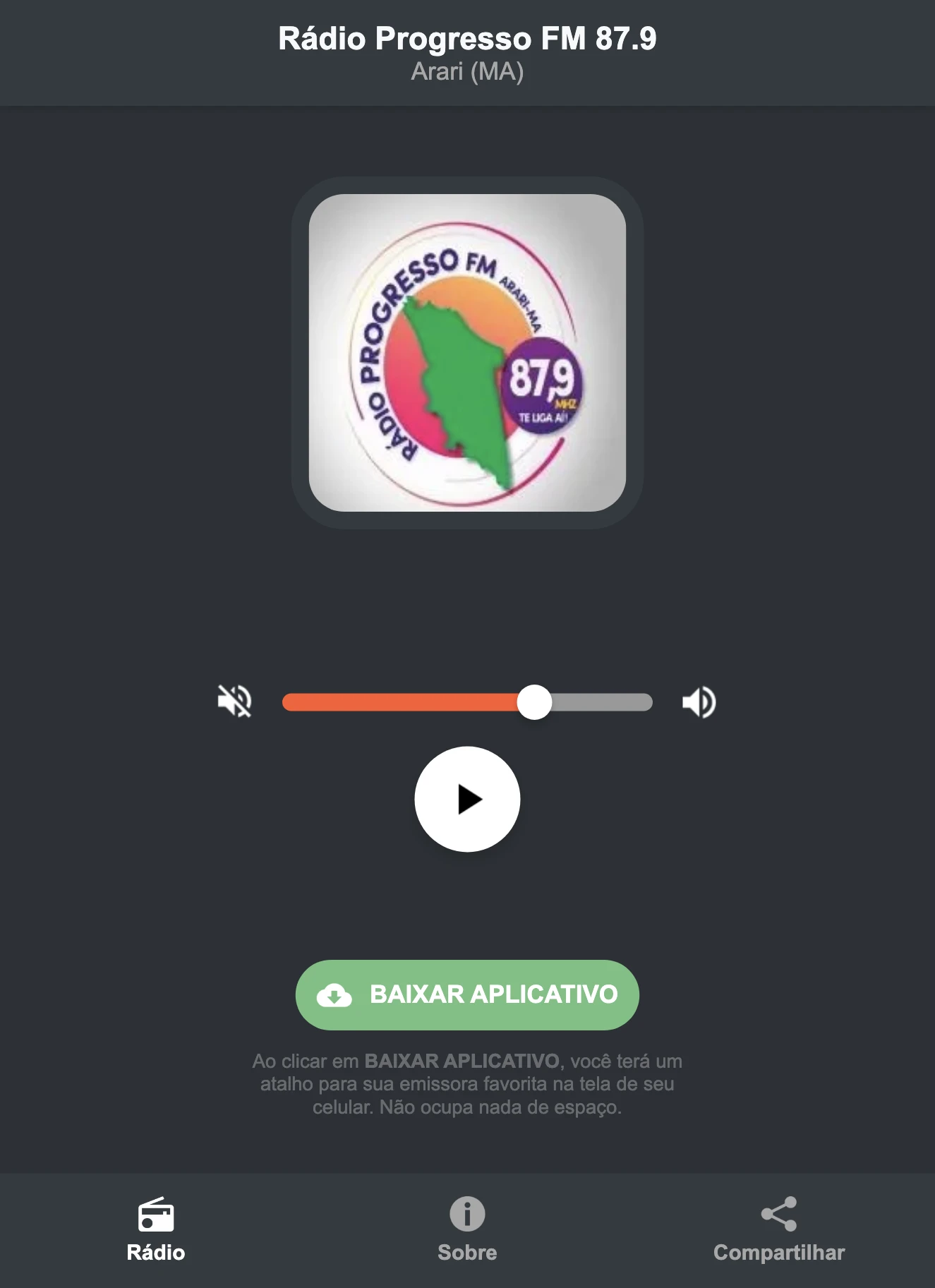 Screenshot do aplicativo da Rádio Progresso FM 87.9