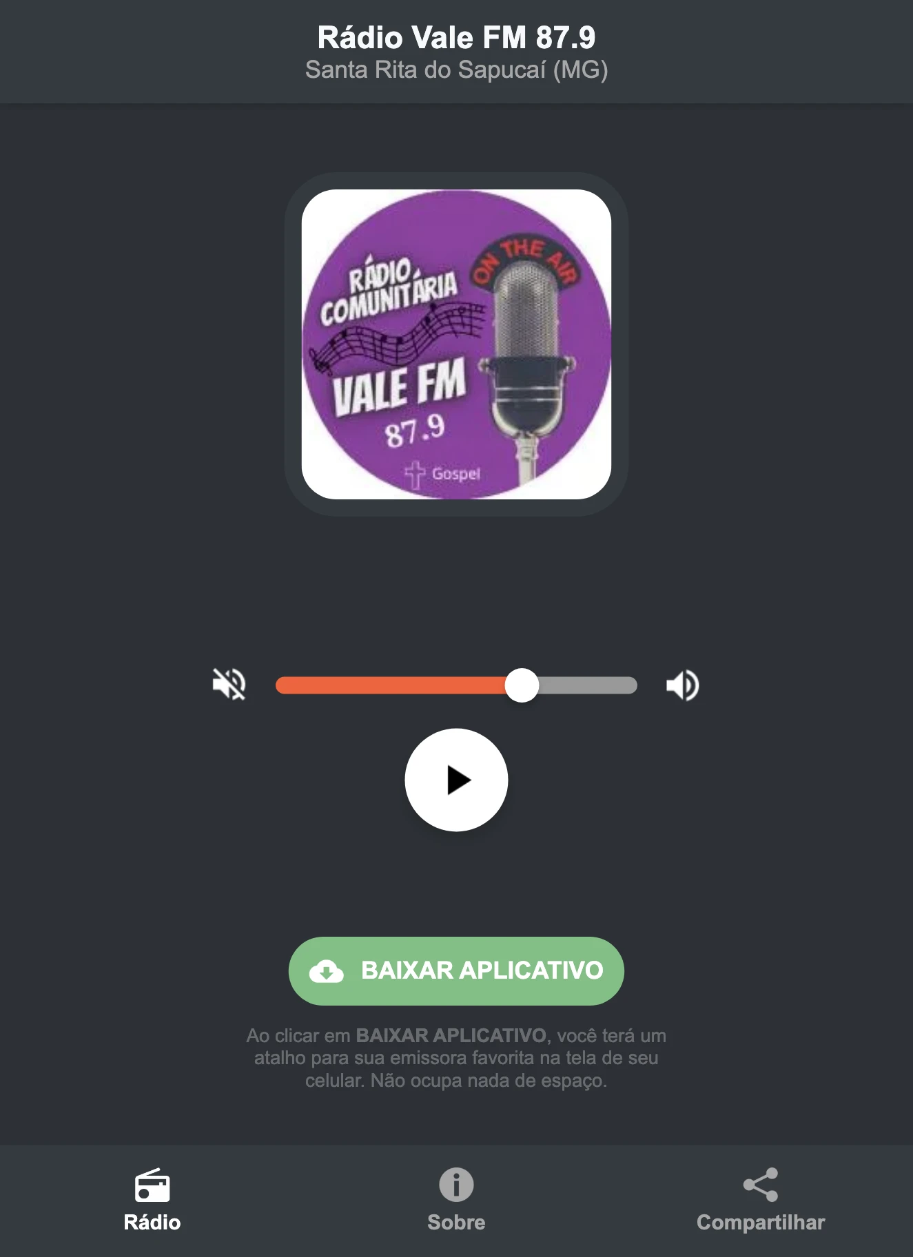 Screenshot do aplicativo da Rádio Vale FM 87.9