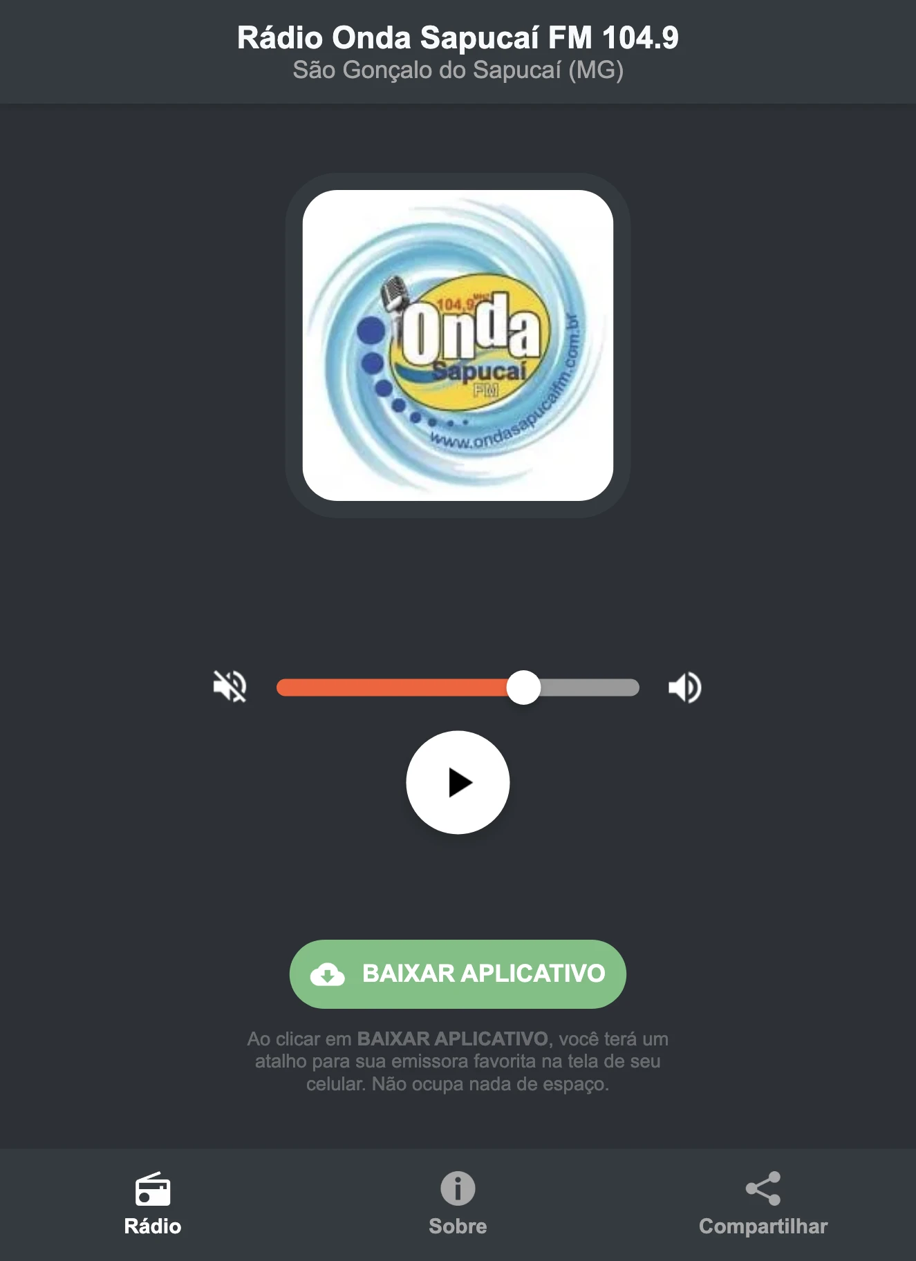 Screenshot do aplicativo da Rádio Onda Sapucaí FM 104.9