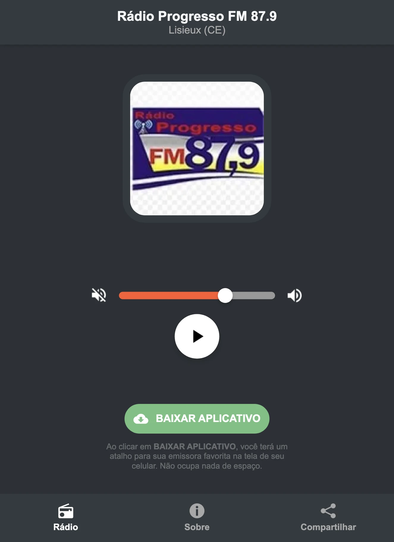 Screenshot do aplicativo da Rádio Progresso FM 87.9
