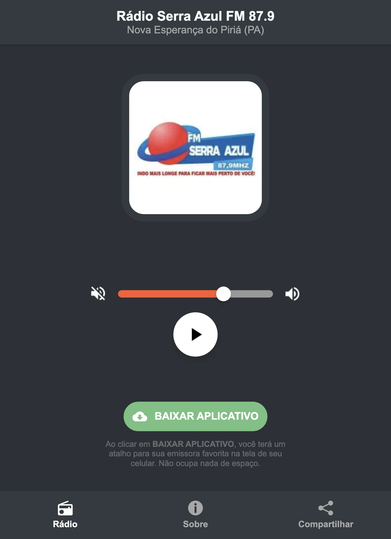 Screenshot do aplicativo da Rádio Serra Azul FM 87.9