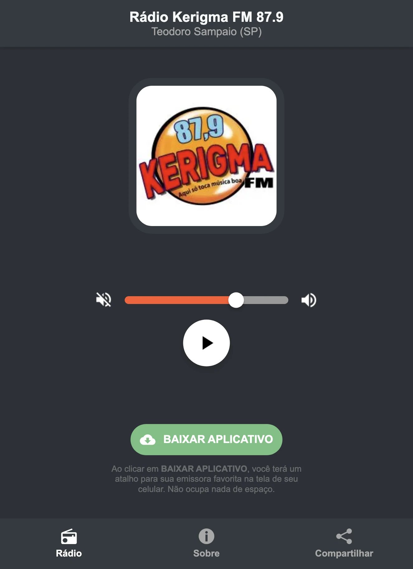 Screenshot do aplicativo da Rádio Kerigma FM 87.9