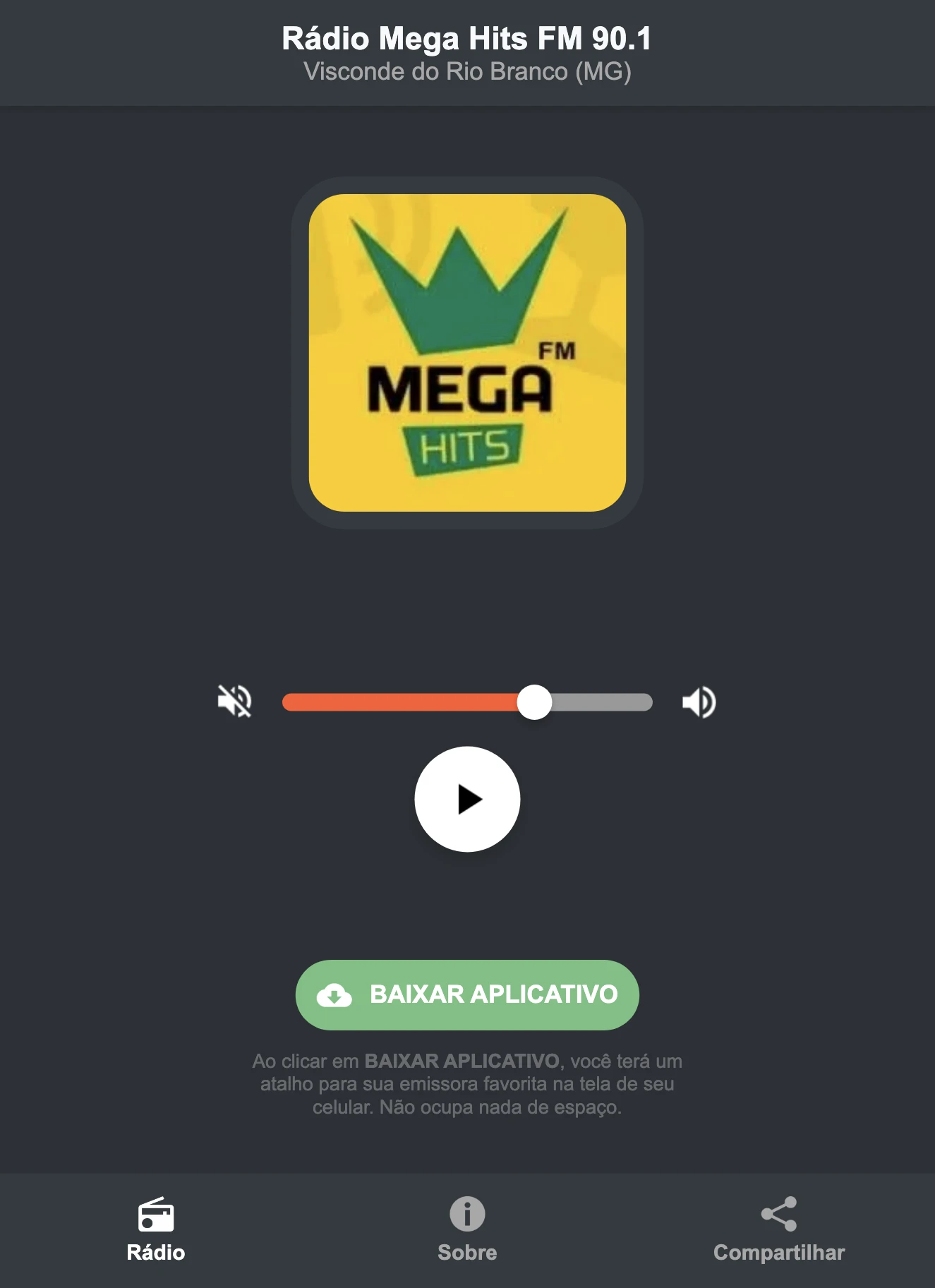 Screenshot do aplicativo da Rádio Mega Hits FM 90.1
