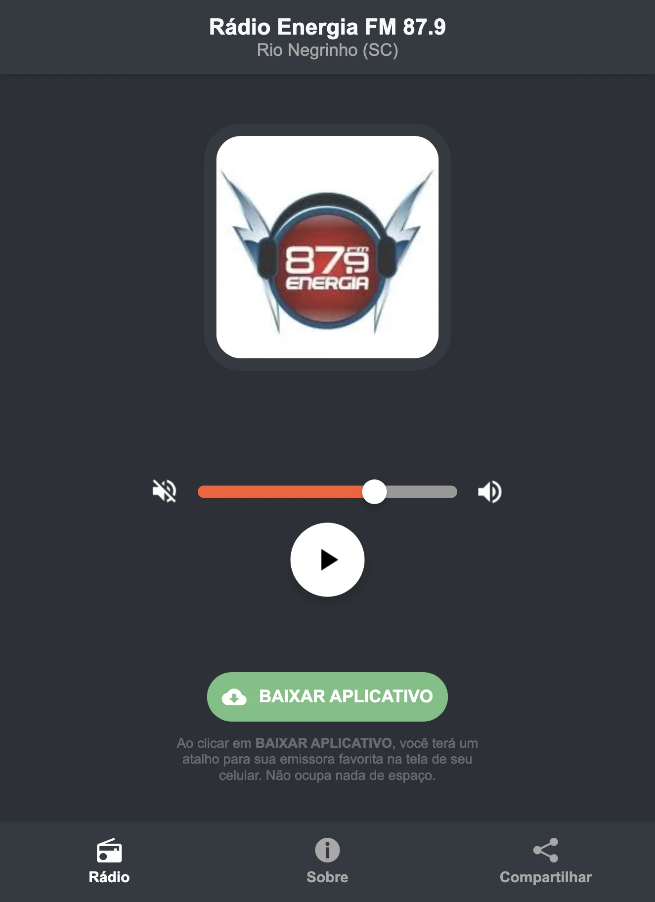 Screenshot do aplicativo da Rádio Energia FM 87.9