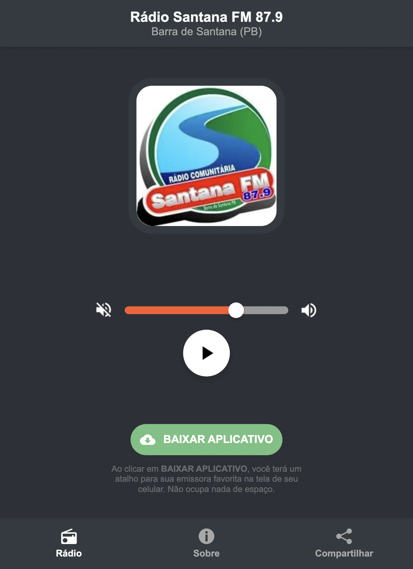 Screenshot do aplicativo da Rádio Santana FM 87.9