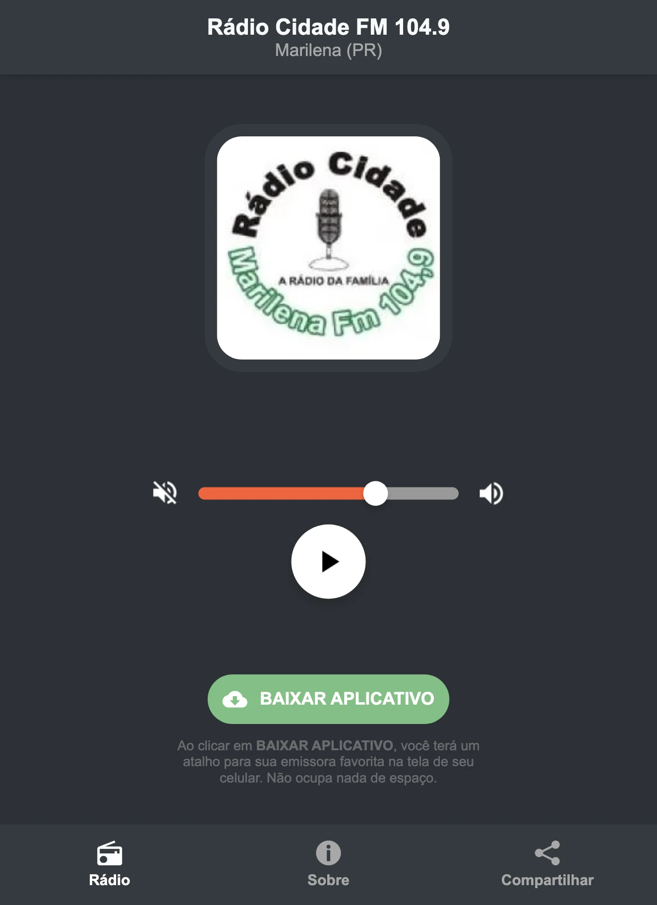 Screenshot do aplicativo da Rádio Cidade FM 104.9