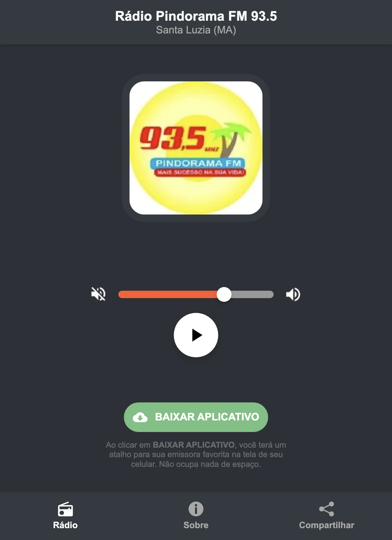 Screenshot do aplicativo da Rádio Pindorama FM 93.5