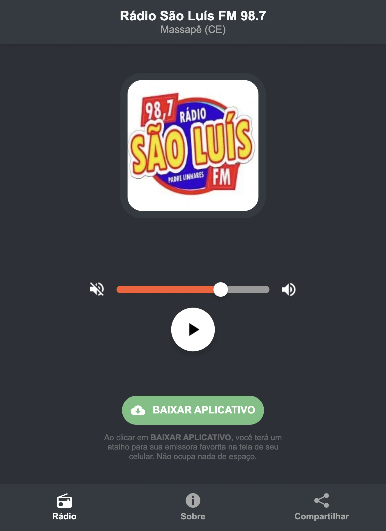 Screenshot do aplicativo da Rádio São Luís FM 98.7