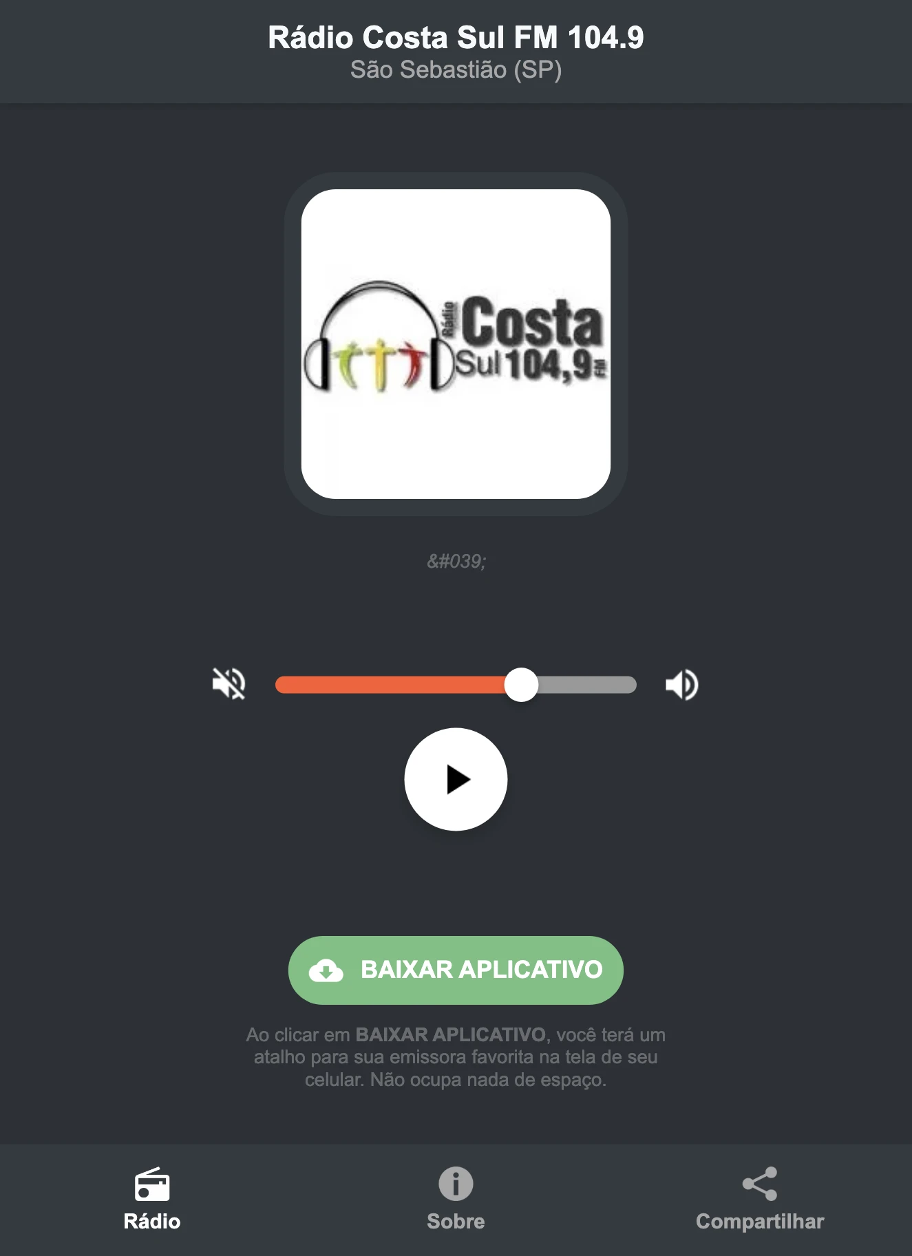 Screenshot do aplicativo da Rádio Costa Sul FM 104.9