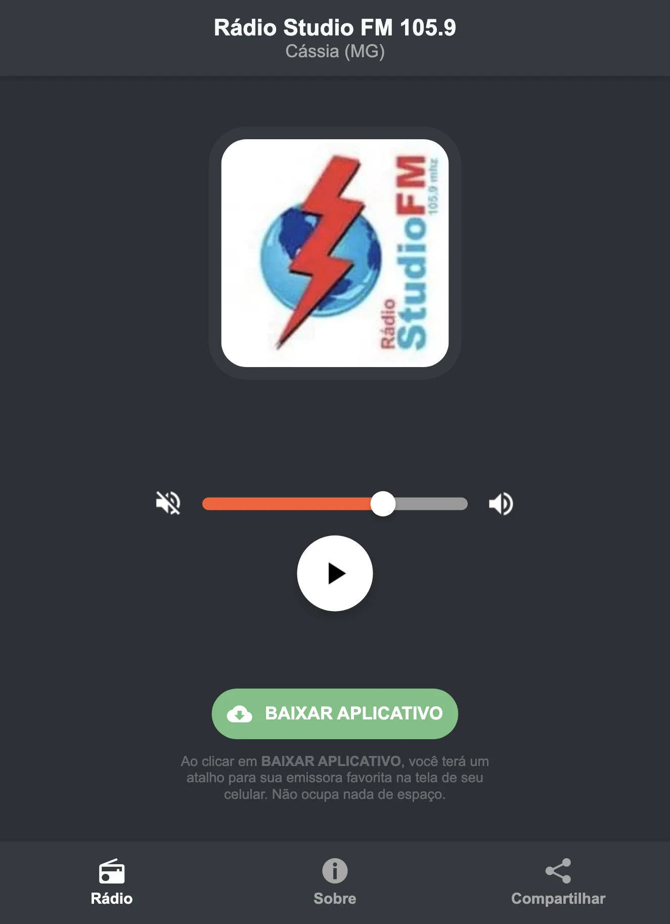 Screenshot do aplicativo da Rádio Studio FM 105.9