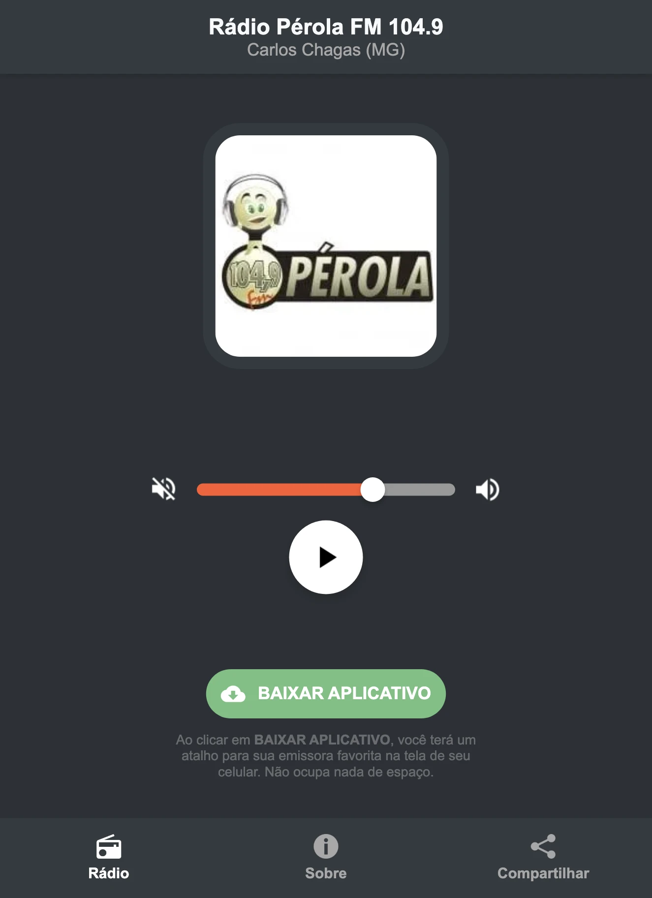 Screenshot do aplicativo da Rádio Pérola FM 104.9