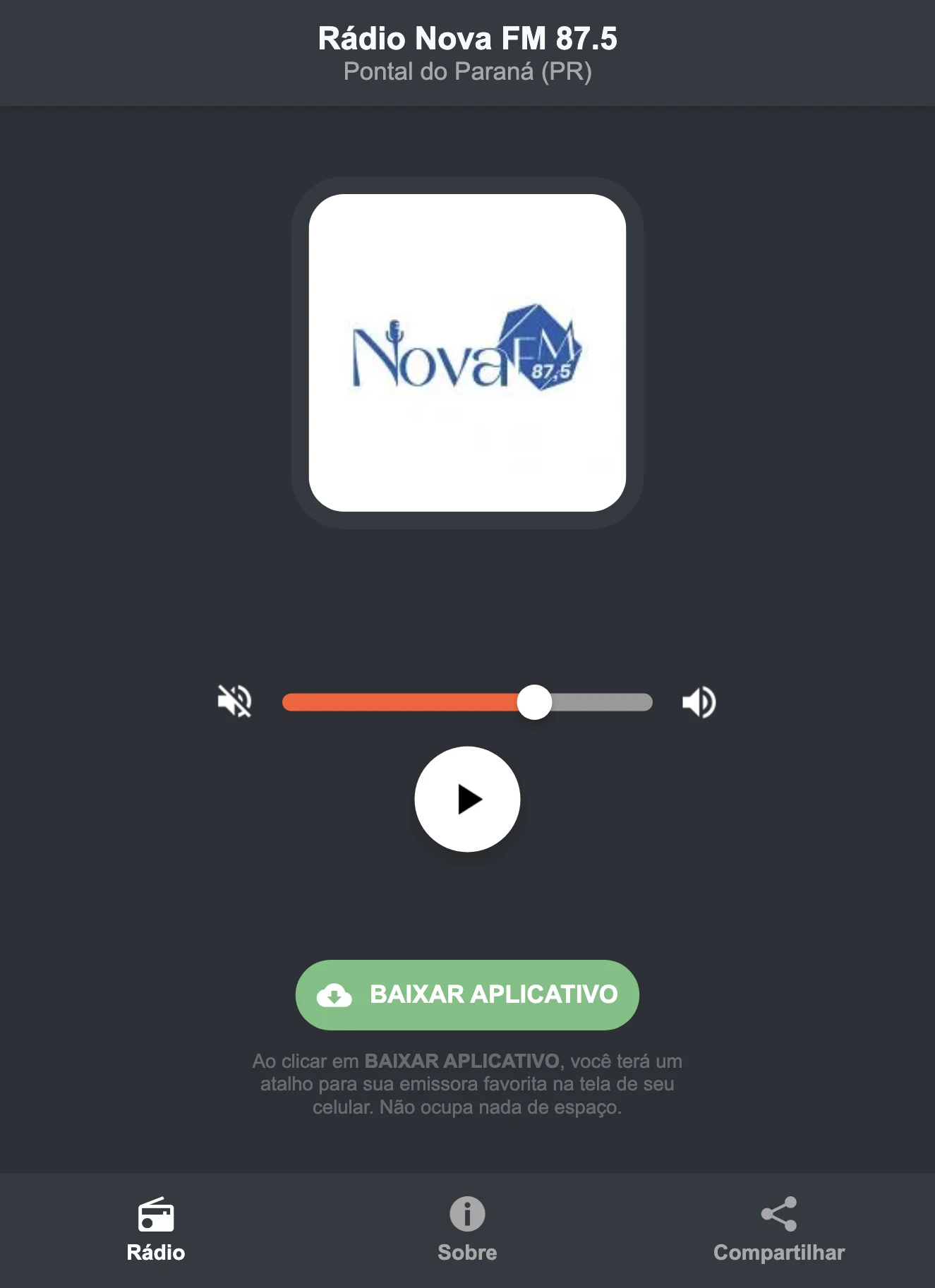 Screenshot do aplicativo da Rádio Nova FM 87.5