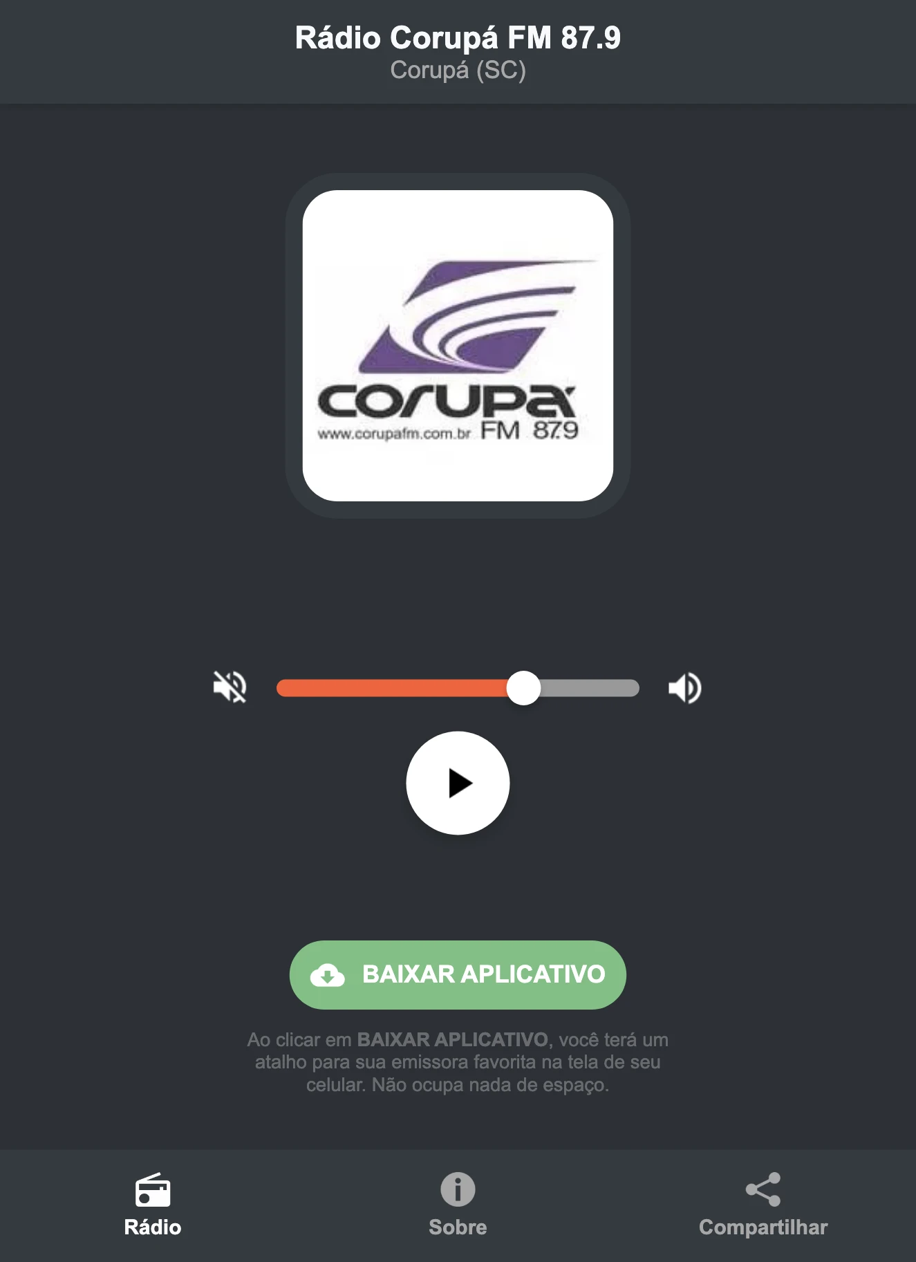 Screenshot do aplicativo da Rádio Corupá FM 87.9