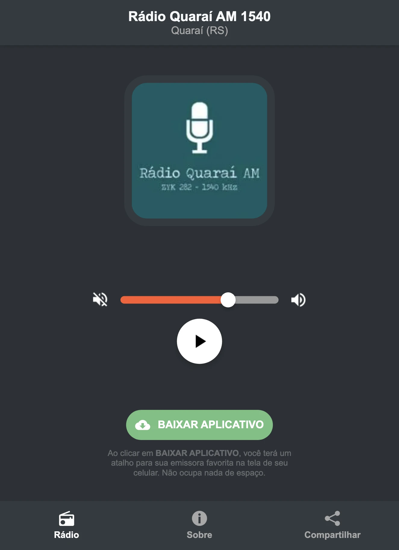 Screenshot do aplicativo da Rádio Quaraí AM 1540